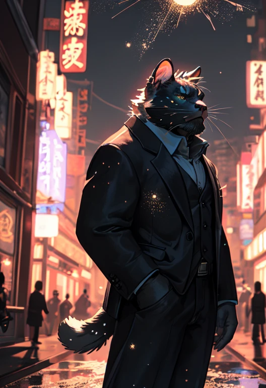 Solitary, Beast field, (White cat), anthropology, male, ((black body)), Tail, Handsome,Black suit, Eighties, City, outdoor, external, Feasting, night, , Traditional Chinese Signboard, standing, Glock pistol， Perfect lighting, (Light Particles),(best quality),(masterpiece),(ultra deTailed),Clear focus,Light Particles