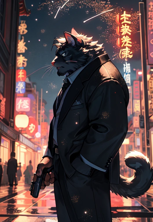 Solitary, Beast field, (White cat), anthropology, male, ((black body)), Tail, Handsome,Black suit, Eighties, City, outdoor, external, Feasting, night, , Traditional Chinese Signboard, standing, Glock pistol， Perfect lighting, (Light Particles),(best quality),(masterpiece),(ultra deTailed),Clear focus,Light Particles