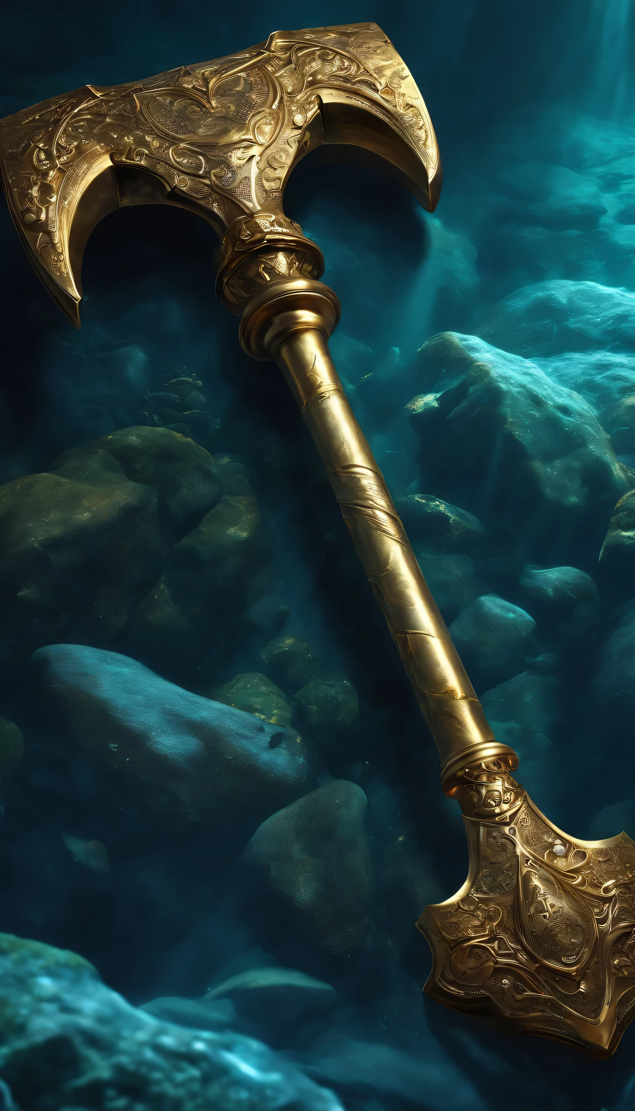 (Outstanding、Professional、Surreal)、Detailed gold dual axe, Metallic magical texture, Lying under water with charming aurap, weapon.