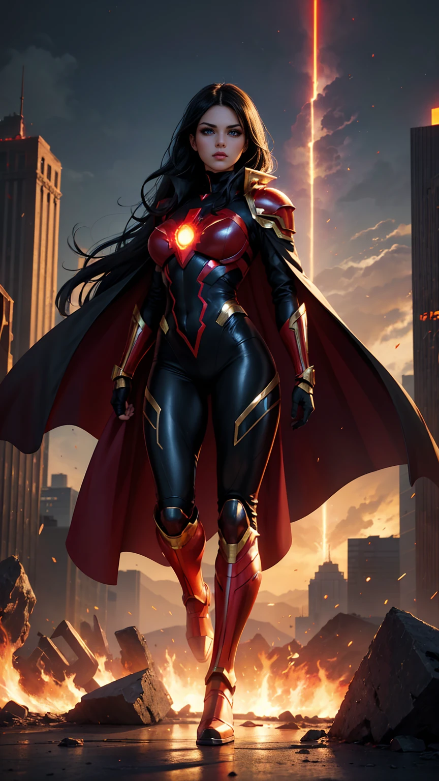 ((Full body photo, standing, feet on the ground)) Detailed background, masterpiece, best quality, 25 year old female supervillain, red skin decent, black eyeballs, futuristic skyline, burning buildings, meteor crashing in background, super long flowing black hair, long gold cape, evil but beautiful face, toned thin figure, full body, flying pose, elegant, powerful, immortal, lit by red solar flare, fire storm, body armor, armored gold boots, glowing red accents on costume, gold armored gloves, red and black superhero bodysuit, red glow in eyes