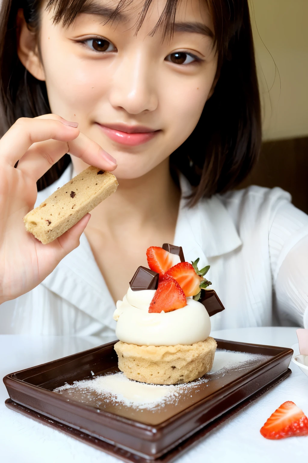photograph Photograph of a girl holding a bar with her fingers Small milk ice cream bar1Book Chocolate is poured on top The color of the ice cream bar is white. Topped with dried banana, cookies and crushed strawberries Coated with chocolate Edible flowers