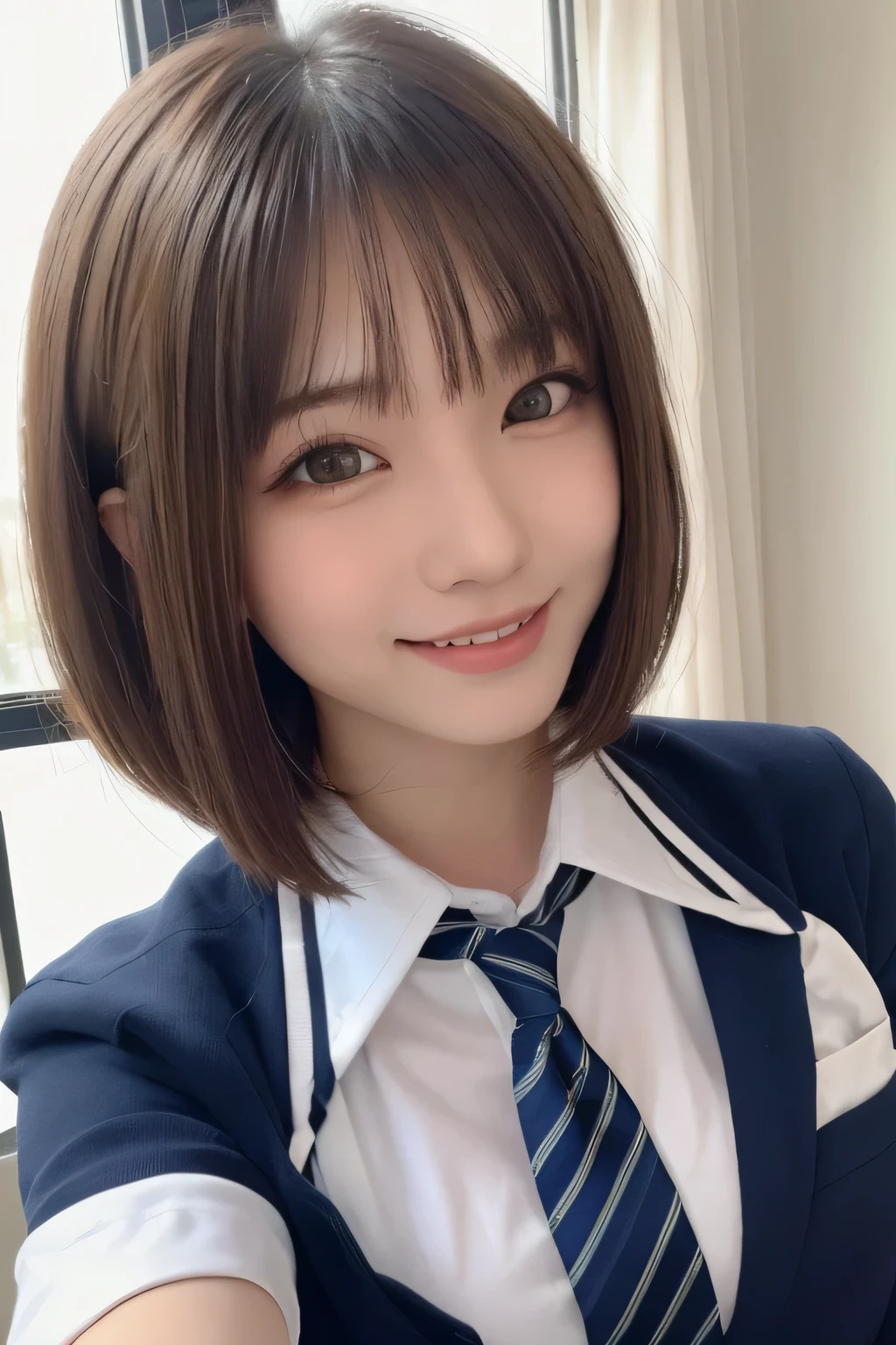 (masterpiece,highest quality,超A high resolution),Japanese women, (((Very cute 16 year old girl))), View the photographer, Front view, ((Bobcut)), Super cute face, Glossy lips, Double eyelids on both eyes, Focus your eyes, Natural Makeup, bangs, Shiny and smooth light brown wavy hair, (((Upper body close-up))), Large Breasts, Perfect limbs, Perfect Anatomy, (((High School Uniform:1.3))), ((Smile)), Night room, (Show off your slim thighs:1.3), ((Include the whole face and focus on the chest:1.2)), View your viewers, (Strike a cute pose:1.4), Perfect and natural fingers,