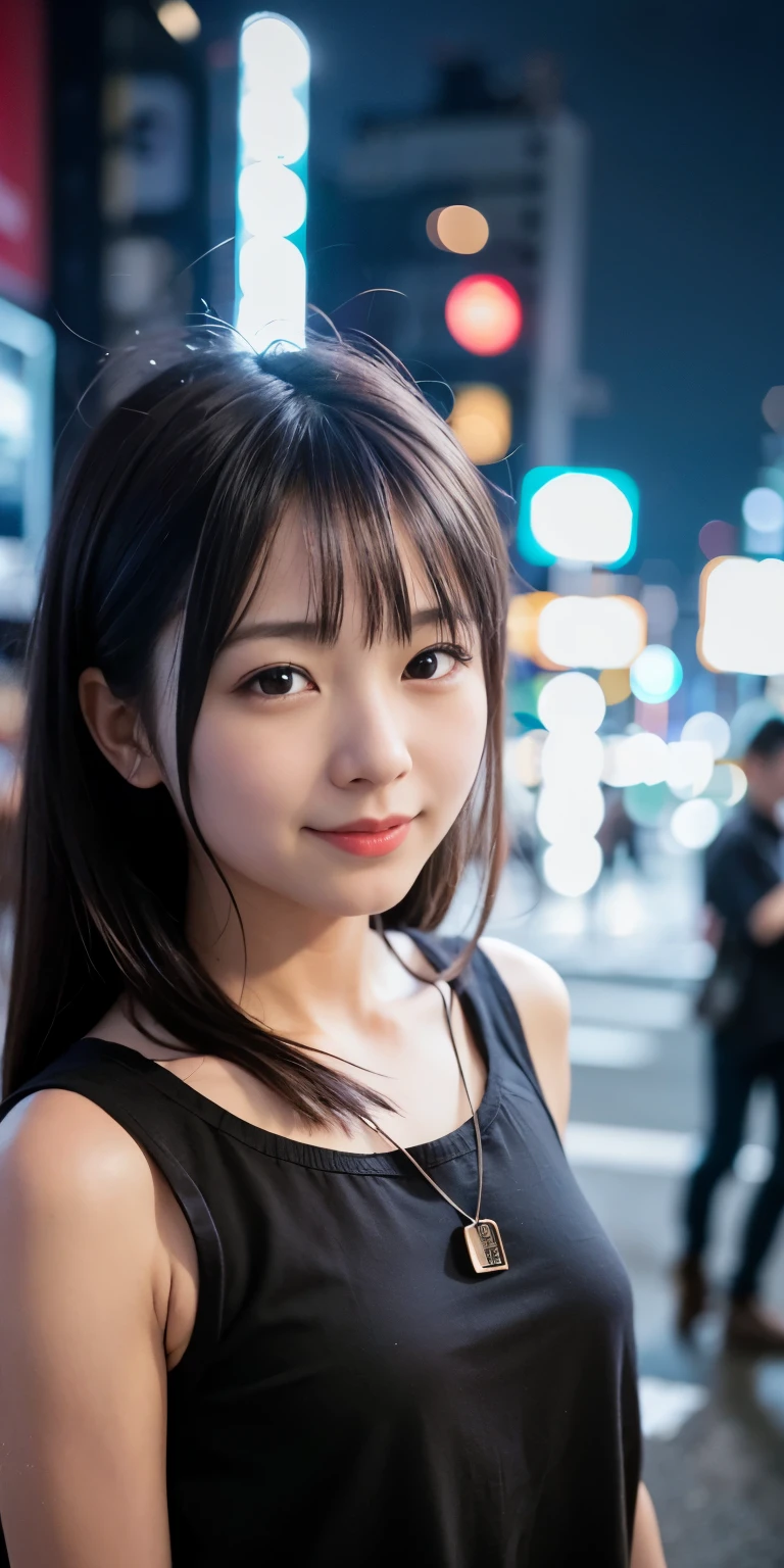 1 Girl, Tokyo Street,night, Streetscape,City lights,Upper Body,close,smile,, (8K, Raw photo, highest quality, masterpiece:1.2),(Realistic, photo-Realistic:1.37),