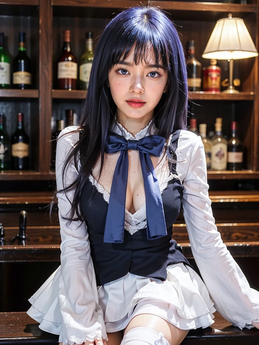 (1 lady), (Best quality at best:1.4), (ultra - detailed), (extremely detailed CG unified 16k), A Beautiful Woman with Perfect Figure: 1.4, Sharp Focus: 1.2, purple hair, very detailed, High-definition RAW color photo, professional photoshooting, amazing face and eyes, cosmetics, (amazingly beautiful girl), ((frederica bernkastel)), ((dress, bowtie, mary janes, socks, cat tail, tail bow, tail ornament)), standing, sexyposture，(Dark and stylish bar, drinks, lamp lights, lamp lights:1.3), (look from down), realistic cinematic face, head to feet long wide zoomed out view, full body long view, photorealistic, ((realistic natural purple hair style, purple eyes)), drinking whisky, gorgeous, extremely beautiful face, perfect model beauty, pout mouth, Highly Detailed Face and Skin Texture, Detailed Eyes, Double Eyelids, Big Breasts, Smile, flirting smile, cleavages, western, (masterpiece), best quality, high resolution, extremely detailed, blurred background, depth of field, cinematic lighting, amazing legs, high heels, clear and well-cared skin, (((focus on the girl instead of background, girl occupies most of the picture)))