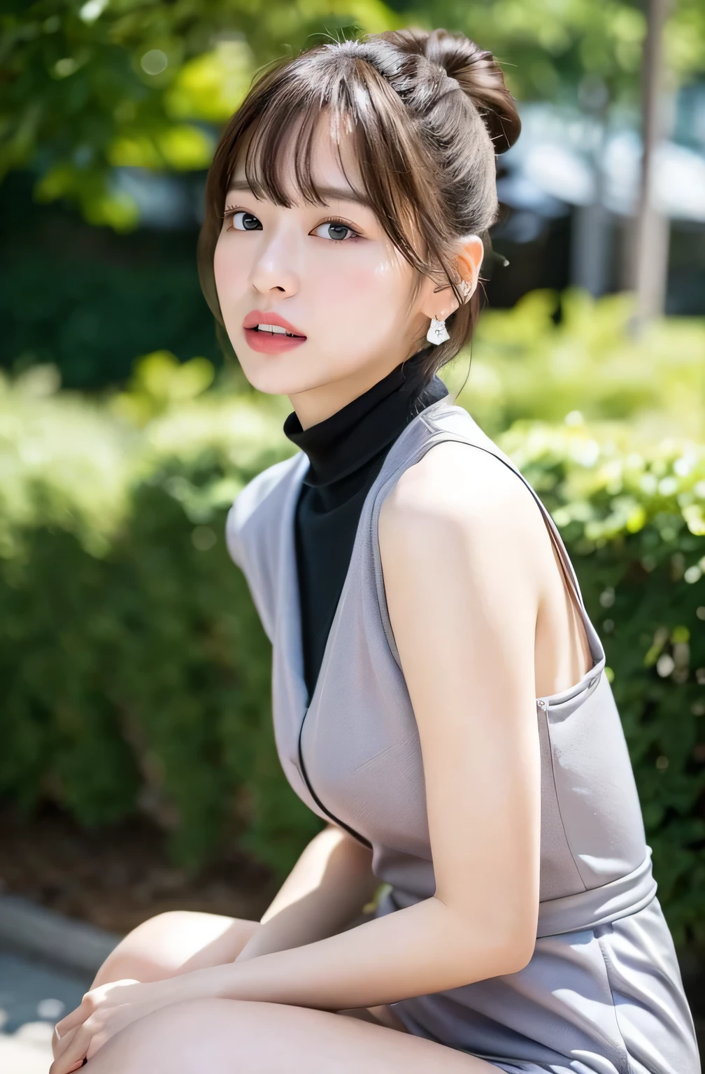 ((8k)、highest quality、masterpiece、超A high resolution:1.2)Photo Beautiful Japan woman(Comfortable:1.1) grace、good、Transparent atmosphere、Beautiful Face、Gradient lighting、One Girl、Delicate skin、Looking into the distance、Brown eyes、(Short hair with bangs:1.2)、(Large breasts:1.0)、(middle breast wheel:0.8)、(Realistic:1.4)、(highest quality:1.0)、(超A high resolution:1.0)、8k、Raw photo、(masterpiece:0.2)、(Purelos Face_v1:0.5)、Contrast Trim Polo Neck Bodycon Dress、one piece、Polo-style dress、Super mini length、The skirt is short、Futomo、Cotton clotheini Dress、Collared dress、Sleeveless、No sleeve、tight、Upper body naked、Cotton clothes、Sleeveless、No sleeve、What can I do for you?、Look Away、Harajuku、Omotesando、Stylish town、street tree、The morning sun is dazzling、theme、Tilt、Look at this、big butt、Large bust、A little chubby、Sweep your bangs to the side、Big butt、neatly trimmed hairstyle、Put your chest together、Slightly open feeling、Brown clothes、Side angle、necklace、squat、Please squat down and look here、big butt、Futomo、squat on the ground、sit、Spread your legs、Open Ashi、panties、両Spread your legs、Butt、

((Gorgeous Earrings, Long necklace:1.2)), 

((Sexy atmosphere, Naughty pose, Staring with an erotic gaze:1.2)),

Realistic skin texture, Fair skin, Shiny skin, Healthy thighs, 
Highly detailed face, Slim face contour, Beautiful small face, Beautiful Nose, 
Ultra-detailed eyes, Slit eyes, Brown eyes, double eyelid, Ultra-thin eyebrows, Thin, long eyelashes, 
Ultra-detailed lips, Plump and moisturized lips, Glossy pink lips, Flushed Cheeks, ((White beautiful teeth)), 
Beautiful actress&#39;s languid make-up, Pink lipstick, Smoky eyeshadow, Eye foundation, 
Dark Brown Hair, Delicate soft hair, Hair blowing in the wind, 
(Elegantly putting your hair up, Medium Short Hair, ponytail:1.2), 
Layered Cut, (Blunt bangs:1.2), 
((Open your mouth a little)), Looking into the camera, 

((Raise your face slightly)),
((Squinting)), 
((pursing lips:1.2)),
((Blushing)),
((The cleavage between her breasts is fluffy)), 
