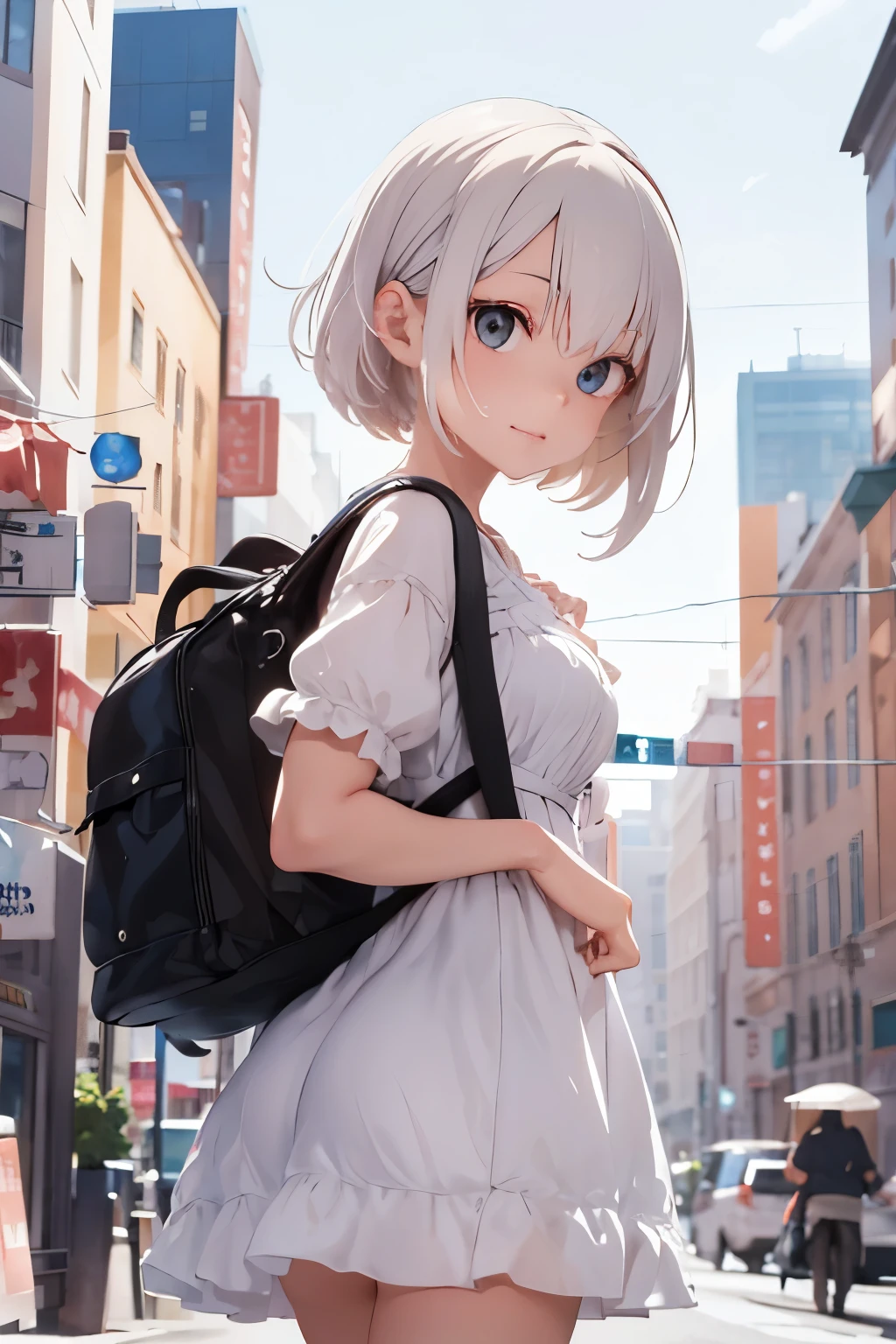 ((best quality)), ((masterpiece)), (detailed), perfect face, white hair short, city, backpack, Bangs Over Eyes, Dress