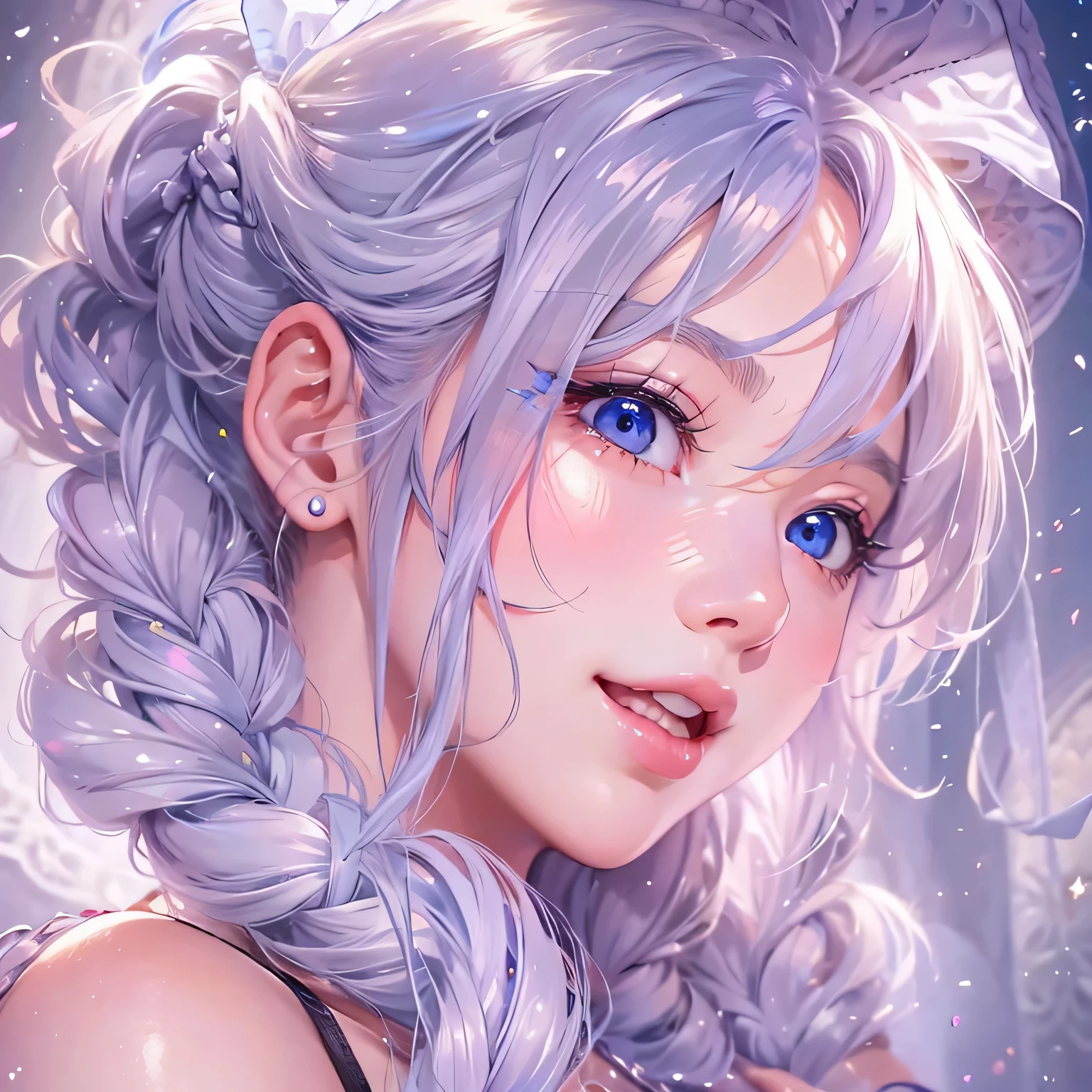 masterpiece、highest quality、High resolution、high quality images、8K, 1 female、skin luster、Texture of skin and clothing、Expression of fine eyes、Glowing silver hair,Girl with long braided hair, Manga inspired by Lee Jong-suk, trending on deviantart, realism, Detailed manga style, Manga art style, Perfect Line Drawing, beautiful line drawing, digital manga art girl, K-POPアイドル, Princess Dress, beautiful light blue eyes, plump lips, Detailed gorgeous face, (cute smile), charm, innocent, Side view, (perfectly detailed face), (fine hands) photorealistic images, Depth of written boundary, Princess hairstyle, tiara ,with a bouquet in hand , Princess Dress , beautiful castle , romanticism,