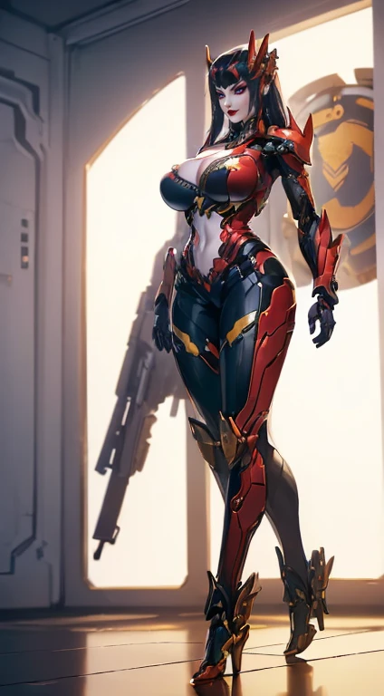 (1 Girl,Solitary:2), (Super detailed face), (( (Sagging breasts、Cleavage, cleveage、Thick thighs)), Perfect body, )), (Cleavage上衣:1.5), (11-wire ABS female:1.4), (Mechanical arm guards:1.4), ((Wearing red mecha overwatch shiny armor suit short top, Black Mecha Skinny Suit Pants, Mechanical arm guardsOR LEGS, High heel:1.5)), (Full figure:1.3), (glowing skin:0.8), (Long legs, whole body:1.1), (Looking at the audience:1.3), (Female focus:0.886), .,Mecha beauty, high quality, masterpiece,Boyahan Cook,Super charming,Realistically,super realistic,((Large Breasts)),plump breasts、露出Cleavage,Perfect body, sexy pose pink skirt,open navel,noble and inviolable temperament,Long black and silky hair,snake,机器snake,skeleton,Dynamic angles and poses,(Walking the corridors of the future space station:1), (bright white room:1.3), Super texture, Unreal Engine Rendering, Physically Based Rendering, Ultra HD, 16K, 1080p