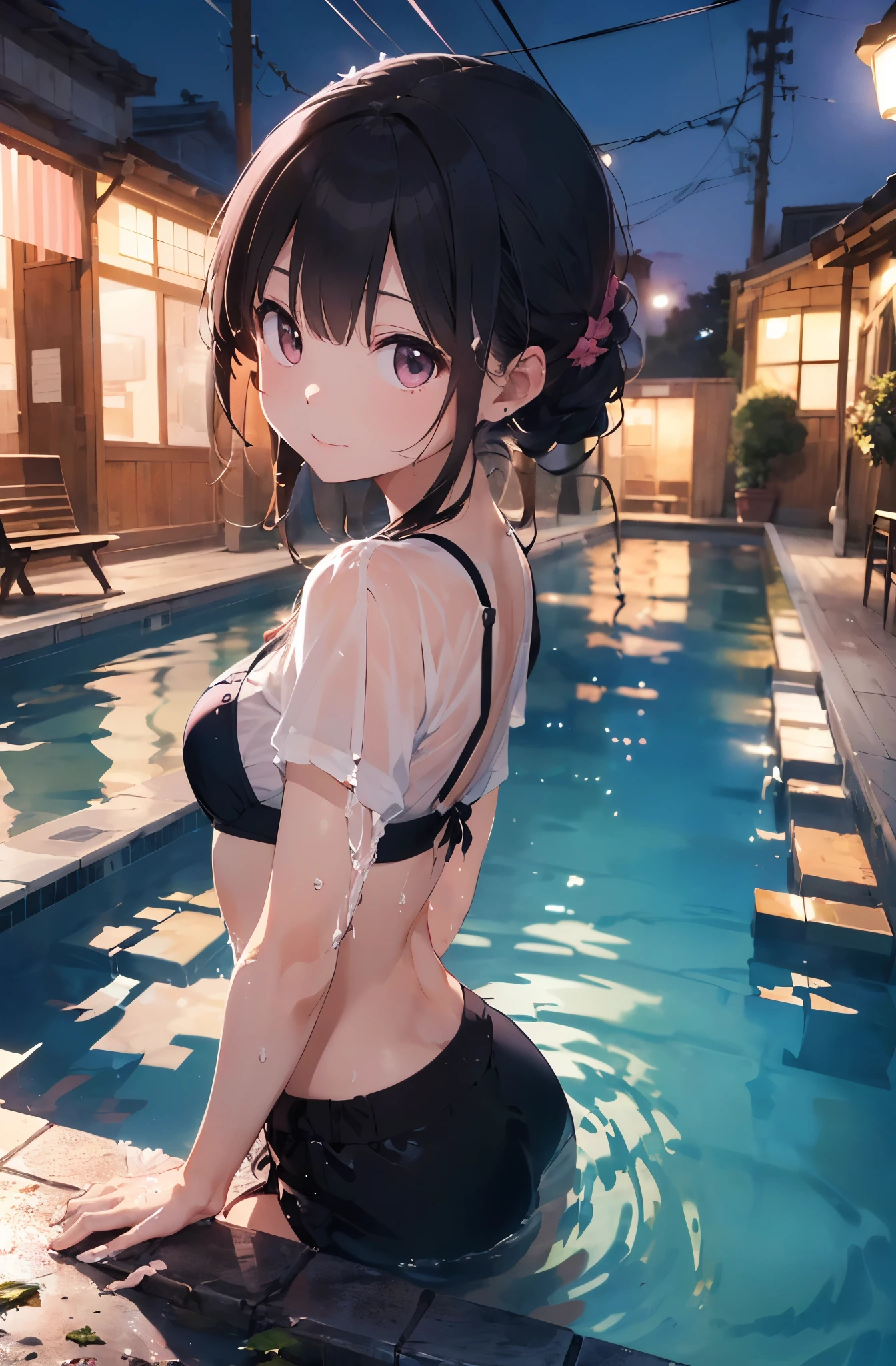 High resolution、A silver-haired girl drawn in the style of Japanese anime、Person sitting on a swim ring in an empty resort night pool々situation。(pinkの水着(、彼女は魅力的なpinkのビキニを着ています.、(pinkの水着)、The pool is beautifully lit、The surroundings are quiet and relaxing.、
(Masterpiece 1.5),super high quality, Very detailed,Perfect drawing,NFSW、beautiful woman、beautiful, Glowing Skin、A kind smile、beautiful black hair、Braiding、(((beautifulpinkの水着)))、(((pink、pinkの水着))),3D、16K Illustrations、((Clear Face))、High resolution、Nice background、beautiful background、Spotlight、Vibrant colors、(((Detail View)))、Perfect beauty,beautiful指,beautiful手,Points First,nail,Place your arms behind your back,Wakame seaweed、Wakame seaweed、Wakame seaweed、Wakame seaweed、Wakame seaweed、Wakame seaweed、Wakame seaweed、