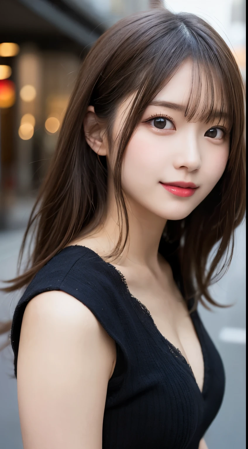 Tabletop, highest quality, shape, Very detailed, finely, High resolution, 8k wallpaper, 完璧なダイナミックな構shape, Beautiful and detailed, Straight hair, Small breasts, Natural color lip, Random sexy poses,smile,20-year-old girl、Midnight、Beautiful and dense face、Perfect and beautiful face,Big eyes、RAW Photos、Beautiful and detailed、Small face、Beautiful Duplex、Slim face and figure,Beautiful golden ratio face、Cute girly casual dress(black)、Please make a cute face、Harajuku、Blurred Background