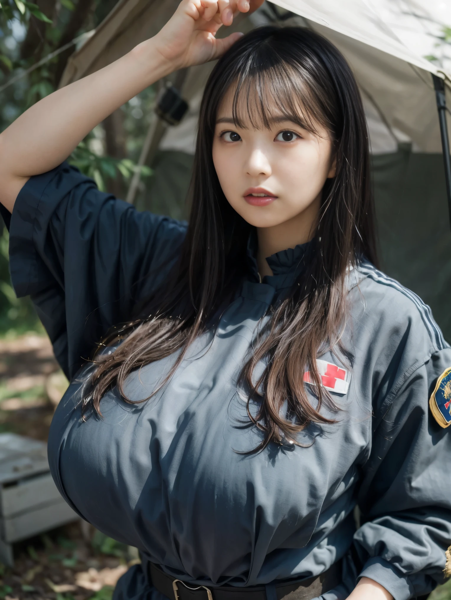 8K, highest quality,Ultra-high resolution, Real Stick, (Photorealistic: 1.5), Japanese Girls, 18 year old girl, (Huge breasts:1.88),Firm breasts,(Small face:0.1),(Short neck:0.1),(Camouflage colored military uniform),Survival Suit,camp,forest,Dark green tent,Red Cross patch on shoulder,Short Hair Style,Height: 163 cm,