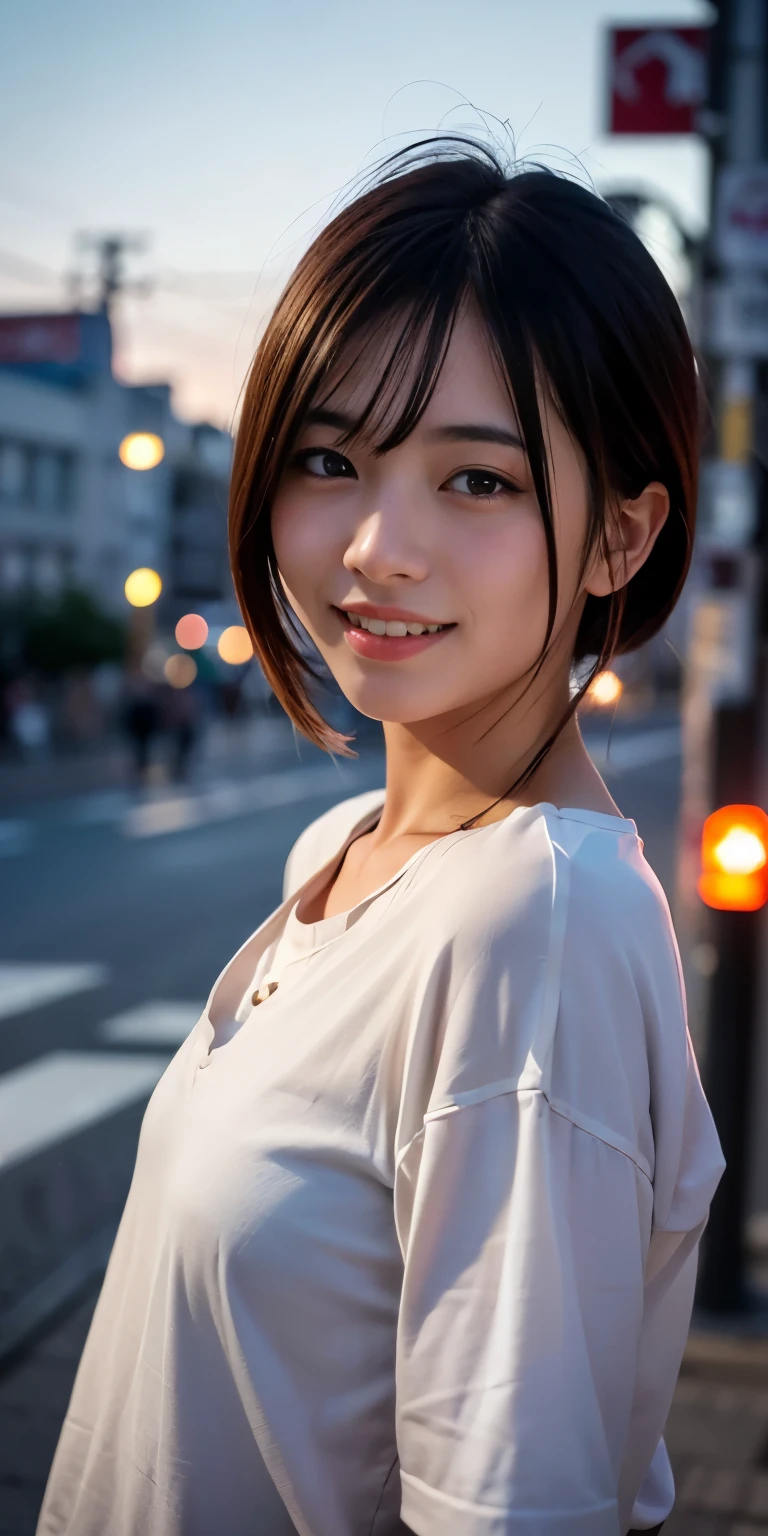 1 Girl, Tokyo Street,night, Streetscape,City lights,Upper Body,close,smile,, (8K, Raw photo, highest quality, masterpiece:1.2),(Realistic, photo-Realistic:1.37),