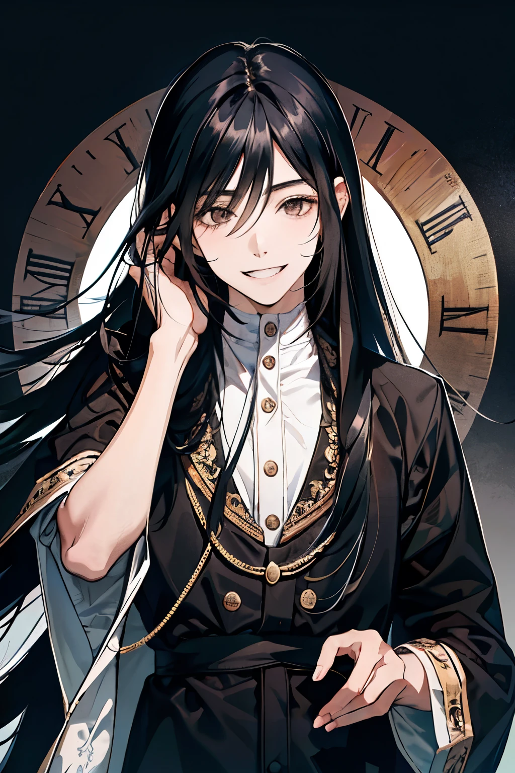 (A young man around 20 years old),(Long Hair:1.5),(Black Hair:1.4),Friendly smile,(A face that looks like it's having fun being mean:1.2),A slight blush,slouch,(Ancient Chinese-style long-sleeved costumes in white, pink, yellow, lime green, and purple:1.35),(A garden filled with sunlight),(Temple-like building background:1.5),(Close-up of face:1.25),