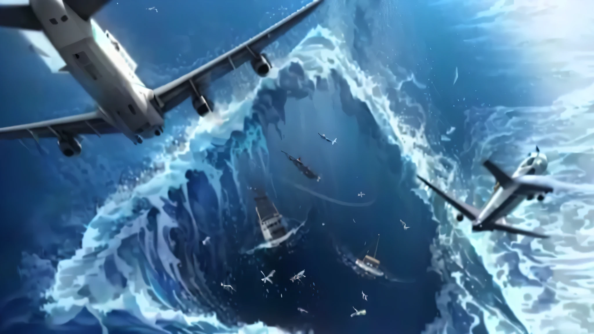 A large plane flies over a large ship at sea, describe, arrive ( Movie ), Realistic and lifelike images, Tsunami, Science Fiction, Sunken underwater, HD Art, Dramatic Arts, Mid-ocean, incredible depth, Describe accurately, Sunken, Realistic depiction, The sea below, in the movie arrive, Turbulence, Spaceship Sunken, Ocean simulation, Thought-provoking