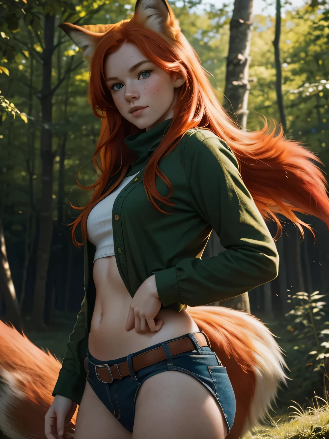 Cute Irish redhead girl with a ((red fox tail)), (correct tail anatomy), (correct tail body position) age 20, freckles, vivid green eyes, photorealistic, high quality photography, top quality, masterpiece, super high resolution, detailed background,  good lighting, cinematic shadow, assorted happy poses, dynamic angle,