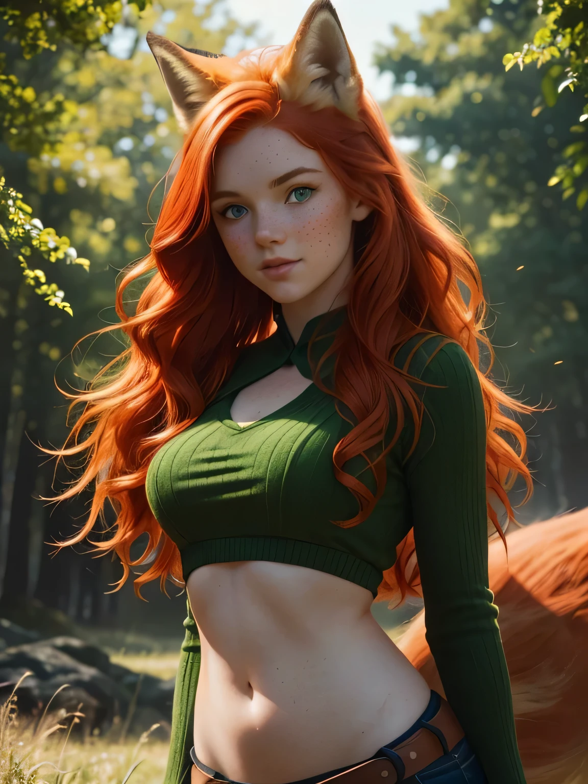 Cute Irish redhead girl with a ((red fox tail)), (correct tail anatomy), (correct tail body position) age 20, freckles, vivid green eyes, photorealistic, high quality photography, top quality, masterpiece, super high resolution, detailed background, good lighting, cinematic shadow, assorted happy poses, dynamic angle,