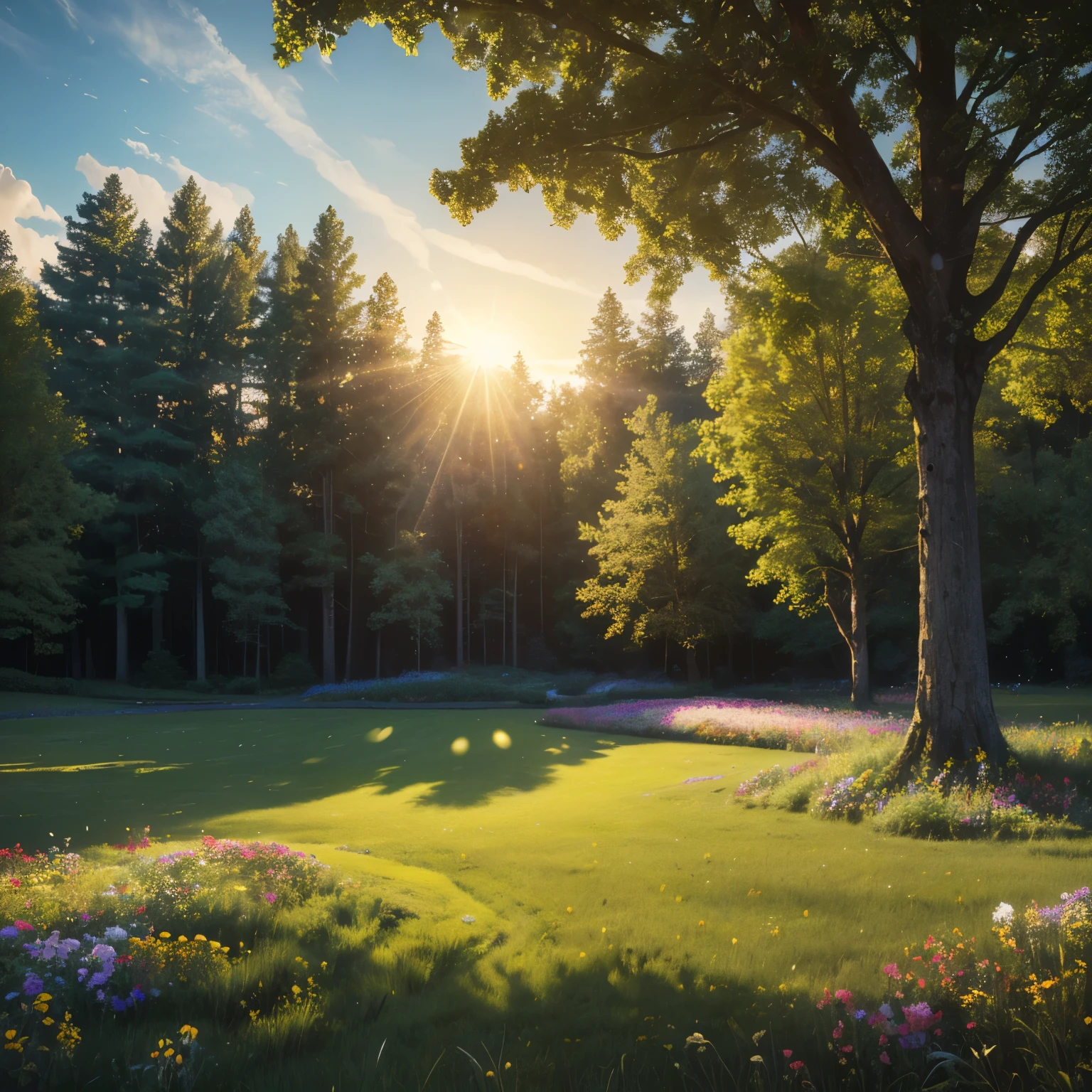 Foto,(highres,masterpiece:1.2),(realistic:1.37),(HDR,UHD,studio lighting),(vivid colors),(sharp focus),(physically-based rendering)

Material:photography

Additional details:clear sky,green grass,tall trees,colorful flowers,beautiful sunlight art style:Landscape color shades:warm tones

lamplight:soft natural light