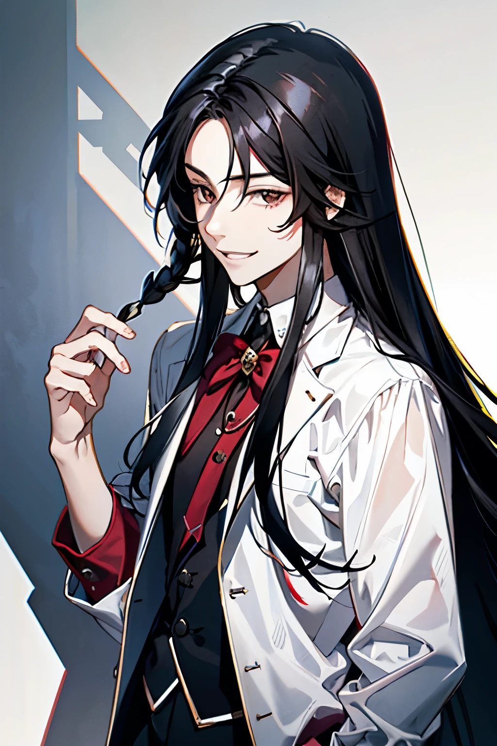 (A young man around 20 years old),(Long Hair:1.5),(Black Hair:1.25),Friendly smile,(A face that looks like it&#39;s having fun being mean:1.2),A slight blush,slouch,(Ancient Chinese-style long-sleeved costumes in white, pink, yellow, lime green, and purple:1.35),(A garden filled with sunlight),(Temple-like building background:1.5),(Close-up of face:1.25),