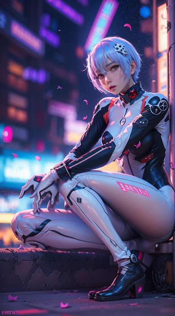 (Realistic, photoRealistic), Ayanami_wang, 1girl in, Blue short hair, white hair ornament, ((White bodysuit, gloves)), Saihar body), Sitting on the ground, (Cowboy Shot),(masutepiece, High quality, Best Quality), (Colorful),(Delicate eyes and face), volumatic light, Ray tracing, the Extremely Detailed CG Unity 8K Wallpapers,Solo((flying petal)),Outdoors, ((Cyberpunk)), Cyber City, ((neon trim)), Night,(Cityscape),frontage,opening legs