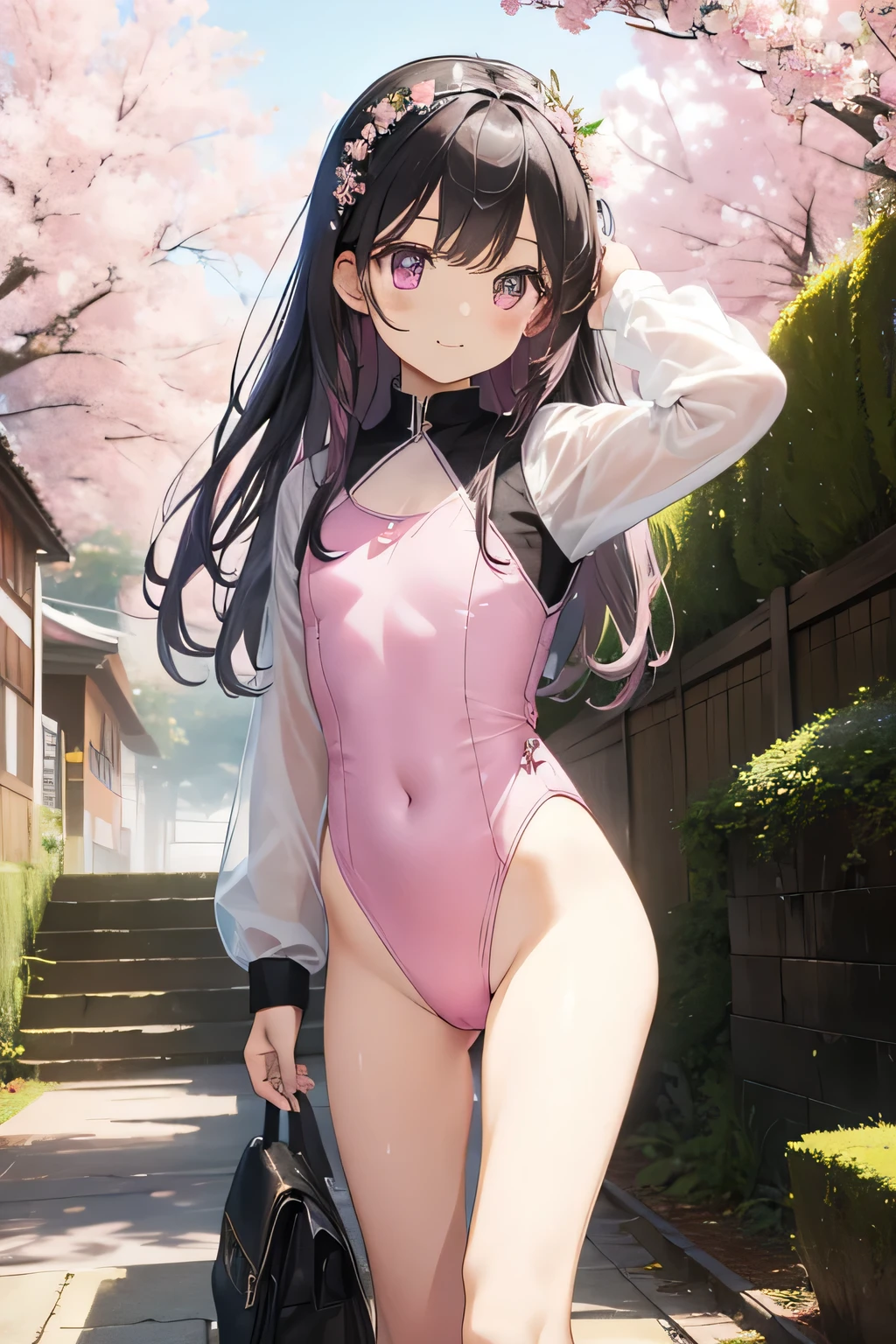 highest quality、Highest quality、Beautiful eyes、Very delicate and beautiful、Beautiful eyes、Pink Eyes、Soio、Soio、11-year-old girl、Japanese、、Chiquita、Noble、Primary school students、Black Hair、barefoot、（Judo）、(((The lower body is in a pink leotard)))、（High leg）、Tiara on head、smile、Standing, facing forward、The background is a natural park