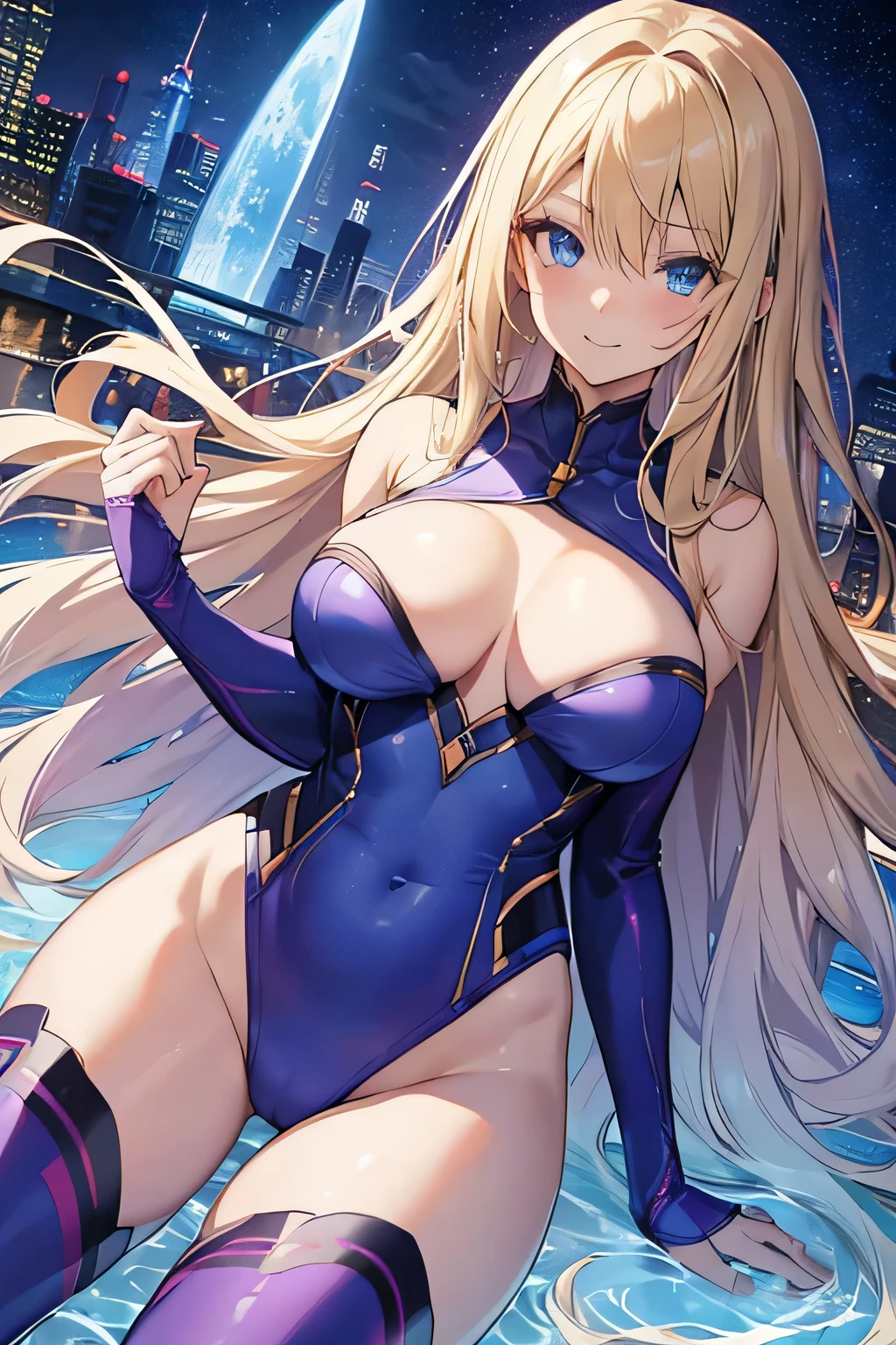 Highest quality、very beautiful、Highest quality、Talented and colorful、Beautiful big breasts、Blonde hair and blue eyes、Blonde with blue eyes、alien、Beautiful appearance、Lady、Beautiful Abs、purple high leg leotard、The background is a spaceship in the city,Lazy smile、Are standing、Look forward