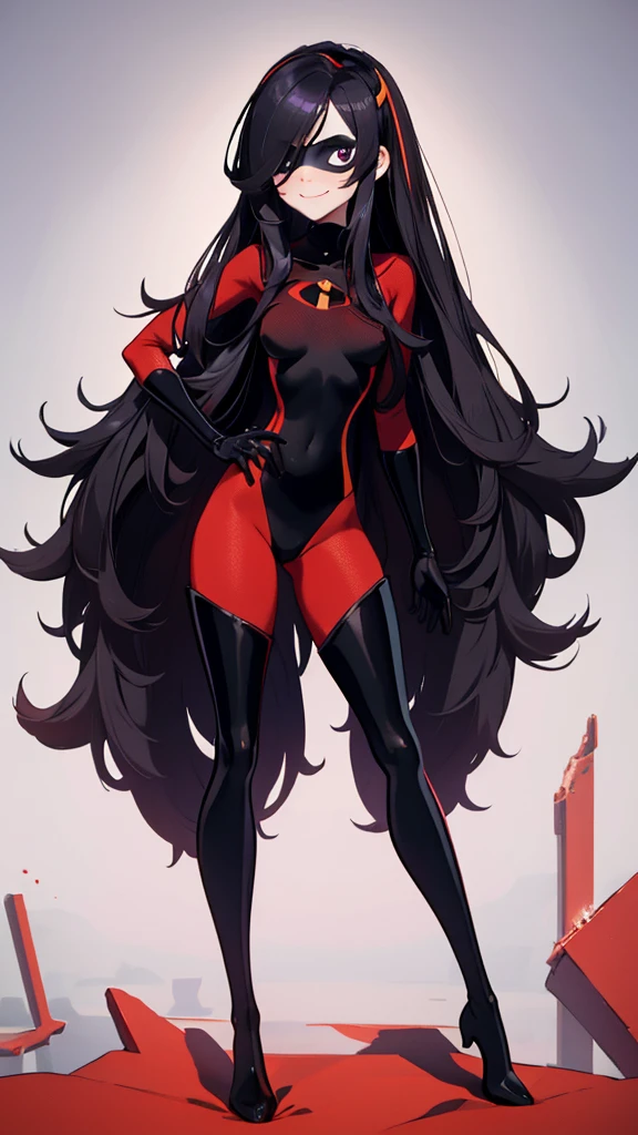 (full body),masterpiece, highest quality, One girl, Violet Par, mask, Long Hair, Black Hair,  Hair on one eye,  (Red hero suit)，Red bodysuit，black elbow gloves，Black Thigh Boots，Thick thighs，Place one hand on hip，upright，View your viewers, smile, Simple Background 