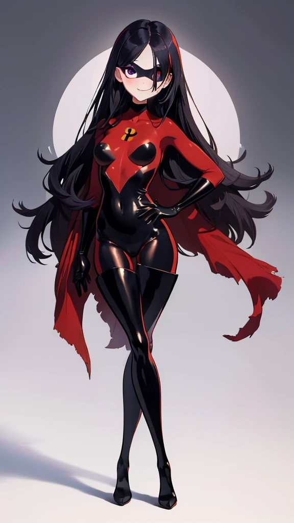 (full body),masterpiece, highest quality, One girl, Violet Par, mask, Long Hair, Black Hair,  Hair on one eye,  (Red hero suit)，Red bodysuit，black elbow gloves，Black Thigh Boots，Thick thighs，Place one hand on hip，upright，View your viewers, smile, Simple Background 