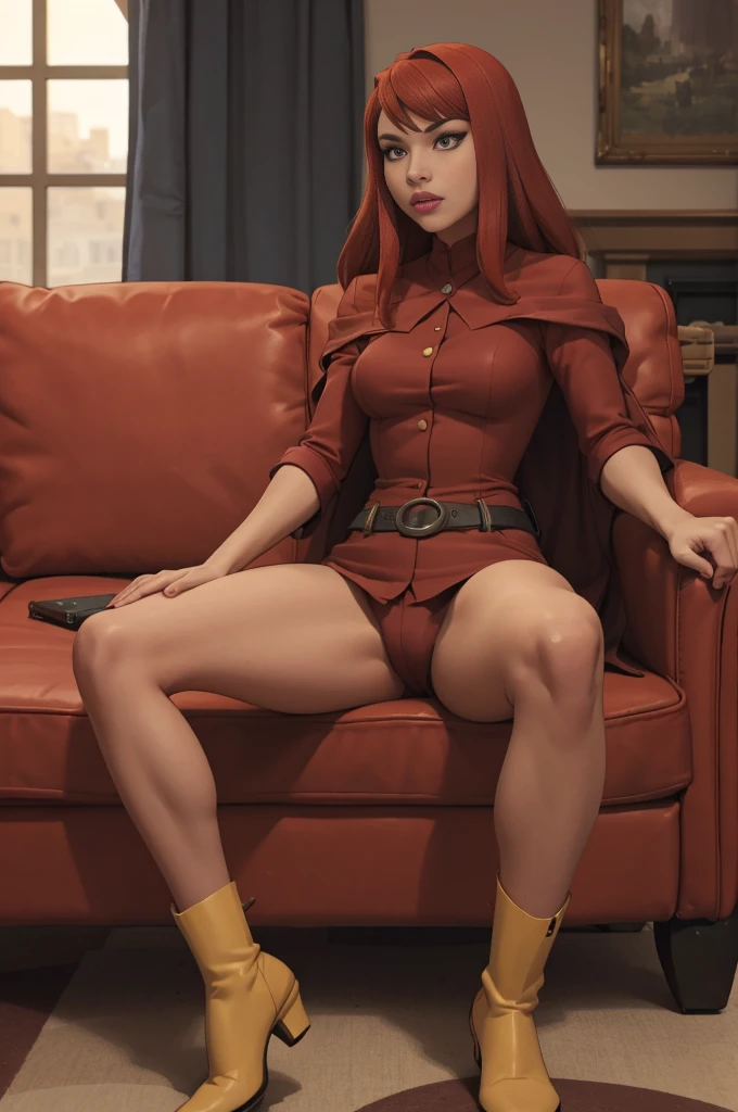 there is a woman sitting on a couch with her legs crossed, deviantart artstation , yellow boots,