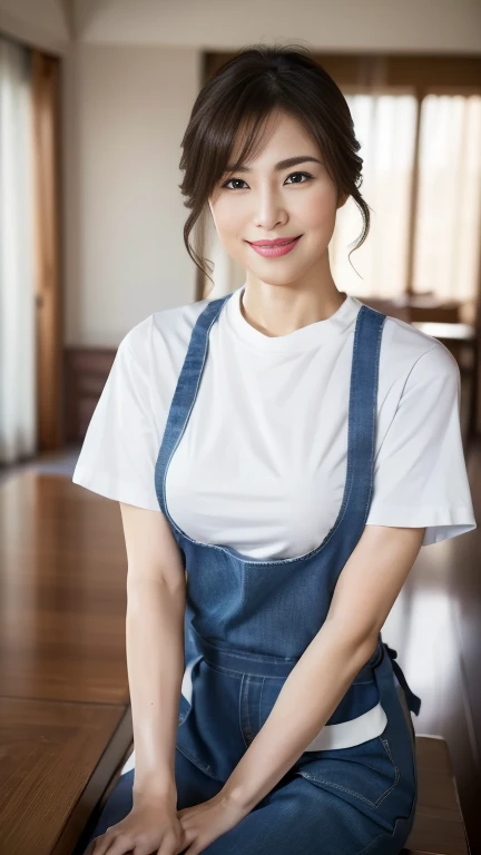 (highest quality,8k,masterpiece),
日本人Mature Woman,40 years,Mature Woman,Pure white skin, Tabletop、Top view from chest、
(Plump Breasts 1.3)、 ((Long T-shirt))、((Apron appearance)),Light blue denim pants、Random hairstyle、
,A gentle smile、A gaze that seduces viewers、Living room at home、
