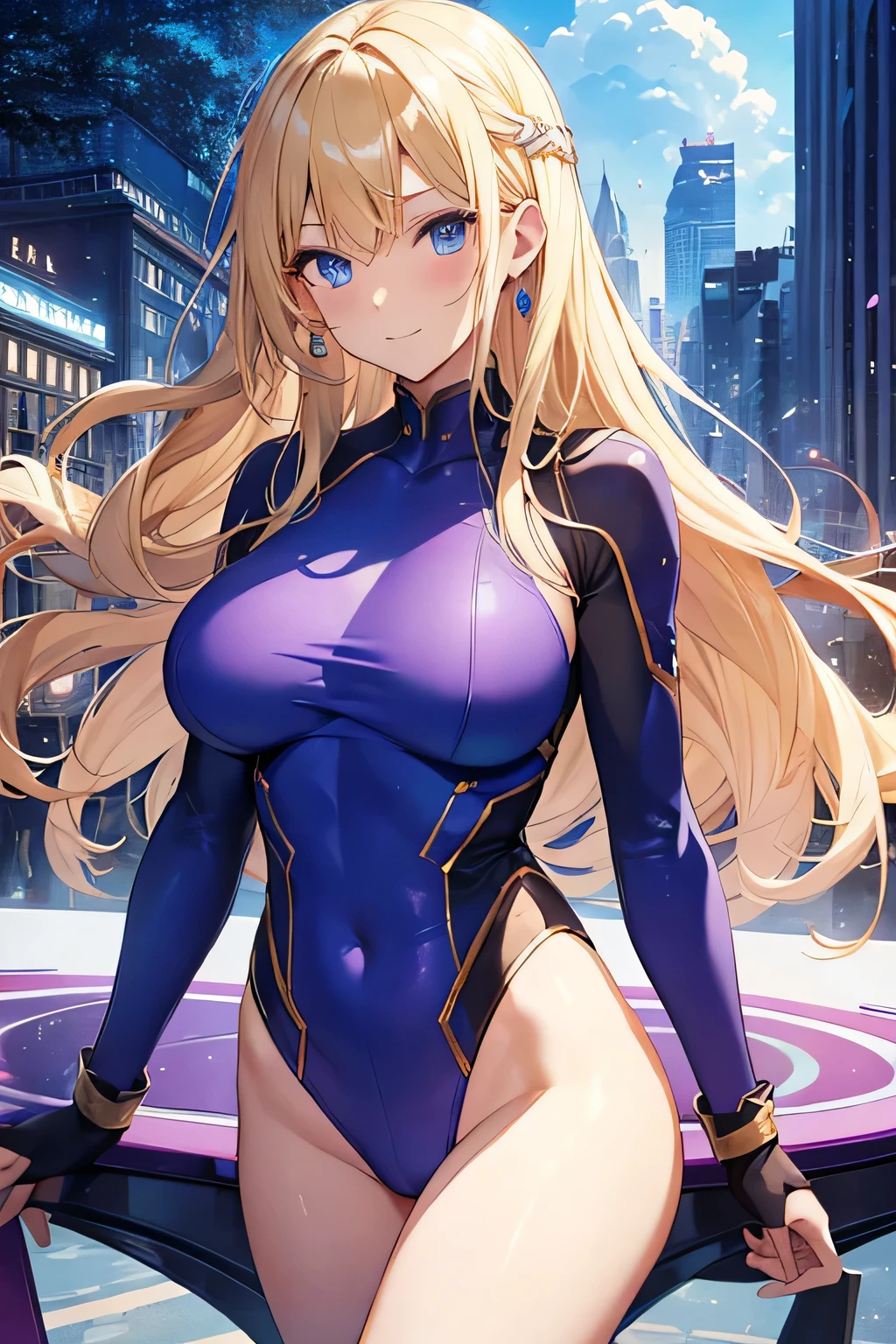 Highest quality、very beautiful、Highest quality、Talented and colorful、Beautiful big breasts、Blonde hair and blue eyes、Blonde with blue eyes、alien、Beautiful appearance、Lady、Beautiful Abs、purple high leg leotard、The background is a spaceship in the city,Lazy smile、Are standing、Look forward