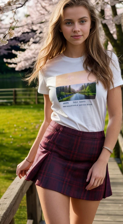 , Finnish, blonde, small breasts, big eyes, long legs, close-up of thighs, t-shirt, mini skirt, heeled sandals, park background, crossing a wooden bridge at the lake, tree, cherry blossom , sunrise, light through fabric, (realistic, photorealistic: 1.37), specular light, ray tracing, HDR
