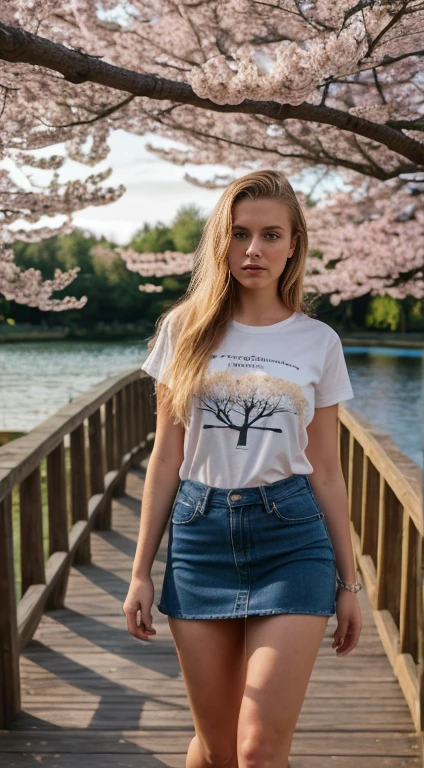  , Finnish, blonde, small breasts, big eyes, long legs, close-up of thighs, t-shirt, mini skirt, heeled sandals, park background, crossing a wooden bridge at the lake, tree, cherry blossom , sunrise, light through fabric, (realistic, photorealistic: 1.37), specular light, ray tracing, HDR