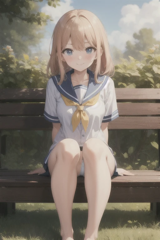 highest quality、Super Resolution、8K,(masterpiece:1.3), (Absurd:1.3), (highest quality:1.3), (Very detailed:1.3), One girl, View your viewers, smile, Outdoor,Photographed from the perspective of looking up at her feet, Summer sailor uniform,ailor collar,、Sit on a bench、She spreads her legs and shyly shows her panties、She shows off her white frilly panties to the viewers.、