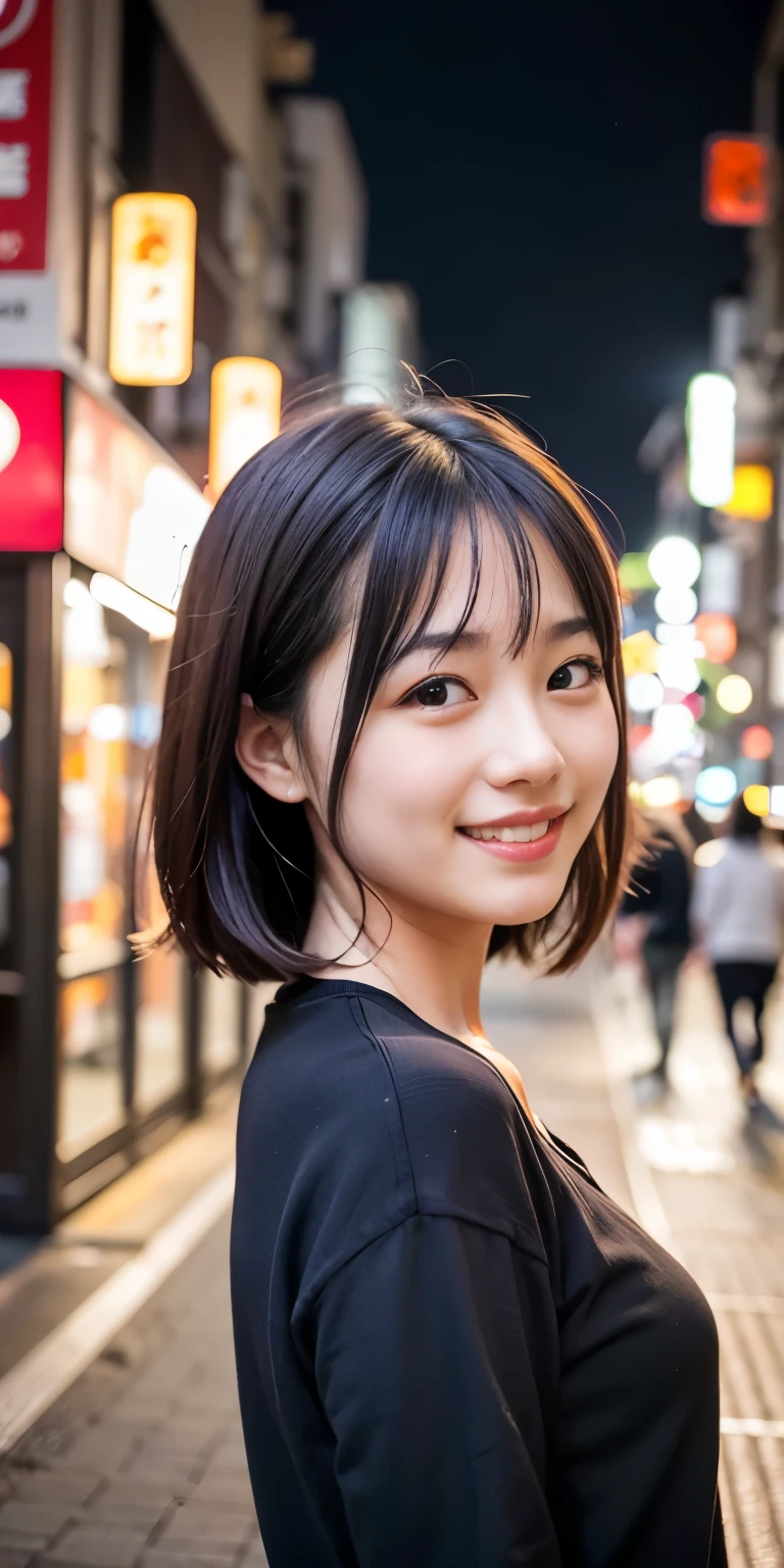 1 Girl, Tokyo Street,night, Streetscape,City lights,Upper Body,close,smile,, (8K, Raw photo, highest quality, masterpiece:1.2),(Realistic, photo-Realistic:1.37),