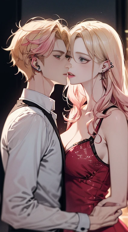 (((1 male：Left ear piercing,、((Blonde))、expensive、expensive、expensive、Handsome、refresh、Sturdy)))、(((1 Female：Pink Hair、length、short、vest style、F Cup、See-through sexy dress、Beautiful woman)))、((((Couple))))、{(highest quality, 8k, Tabletop, Hmph, Soft lighting, Perfect Image, digital illustration, Cartoon Art, Ultra-detailed images, Perfect Lines, )}