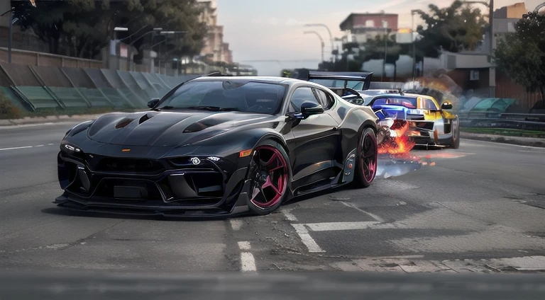 Supercar,Metallic black,red light,cosmos in the background, drifting ,red flame ,fatal,Reality, 12k resolution