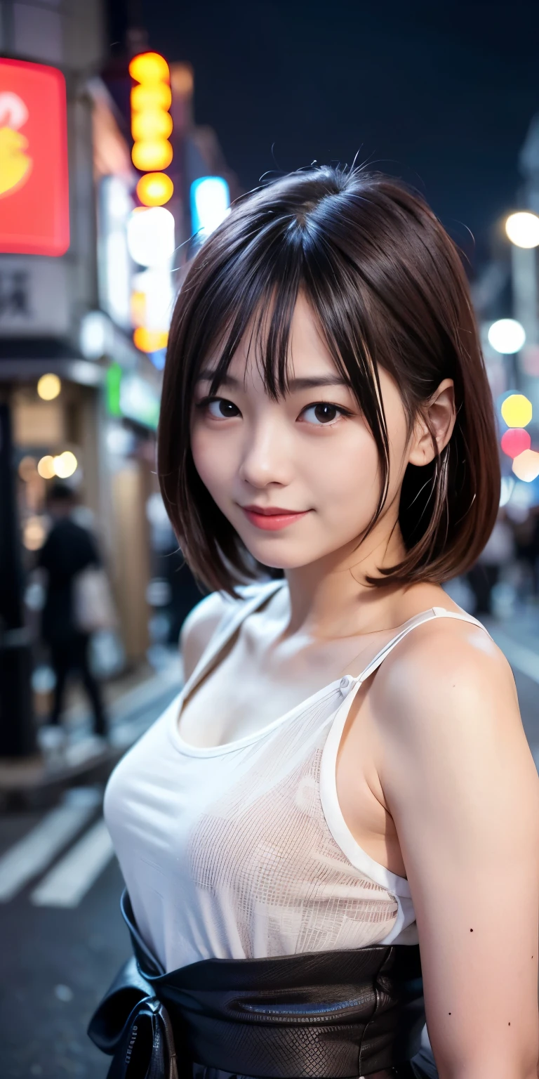 1 Girl, Tokyo Street,night, Streetscape,City lights,Upper Body,close,smile,, (8K, Raw photo, highest quality, masterpiece:1.2),(Realistic, photo-Realistic:1.37),