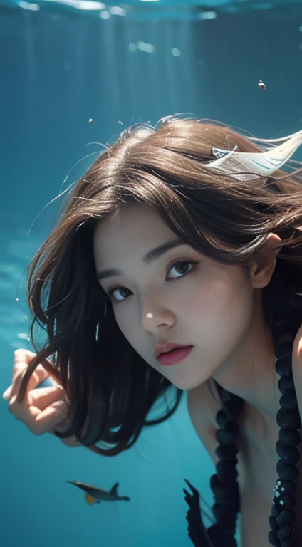 Solitary, deep sea, Coral Reefs, diving, 白色diving衣, Flippers, weightlessness, ((best quality, 8k, masterpiece: 1.3)), A woman, Long hair, Underwater Photography, Underwater perspective, Underwater perspective, Floating underwater, breaststroke, cleveage, sleeveless