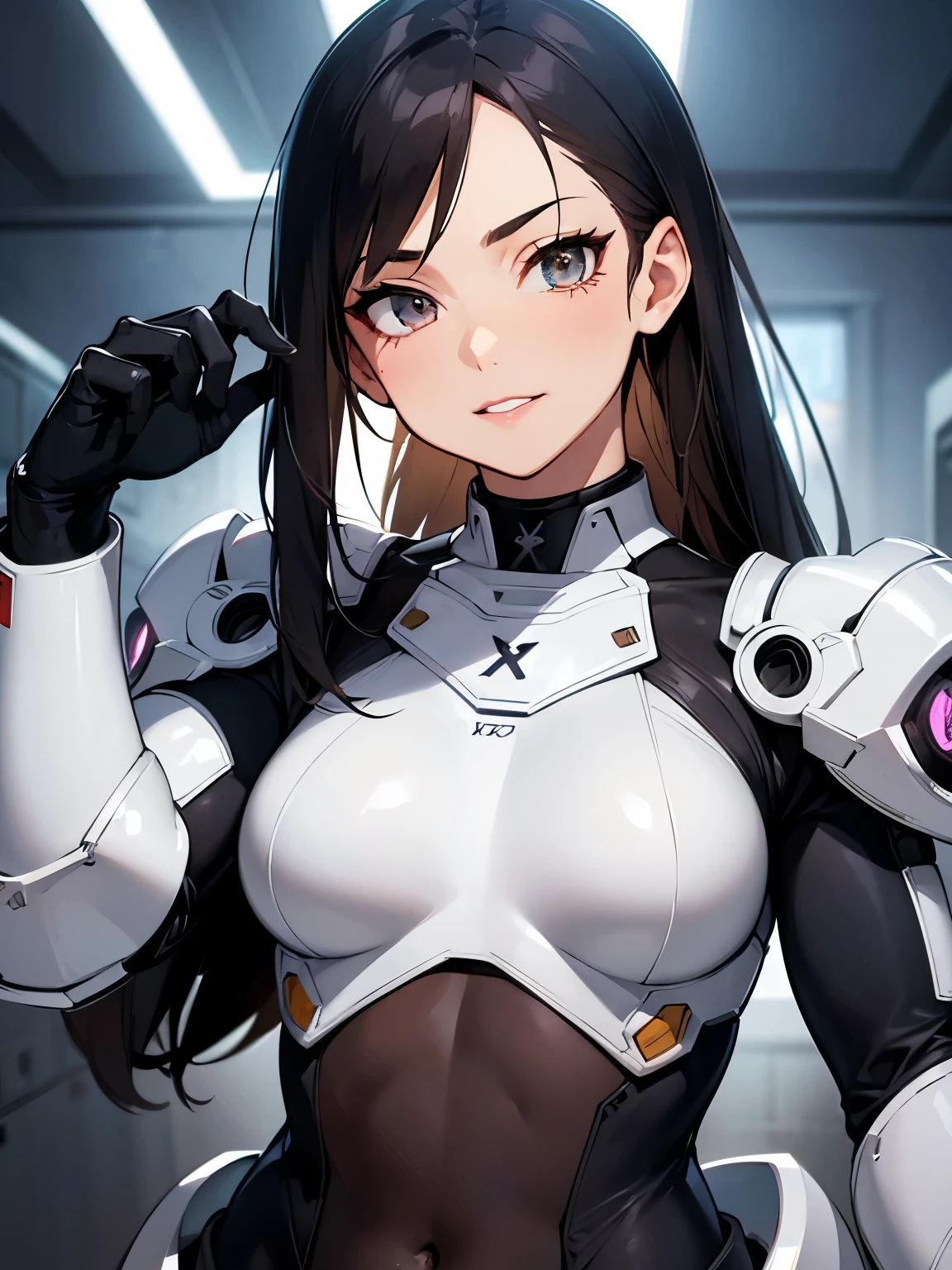 (Upper Body), (Realistic, [anime]), (3D:0.3), Dramatic lighting, ((masterpiece)),(quality),(High resolution), Tall Lady Voidstar, [[Covered Abs]], ((X-Ray Power Armor|Lined bodysuit|White power armor) Mechanical Arm), Long black hair undercut, [Wicked Smile], Small breasts, Covered navel, eyeliner, eyelash, Perfect Face, Beautiful Nose, Detailed pupil, Beautiful Eyes, Fine grain, Brown eyes, Perfect Lips, A-pose on the monitor, Simple Background, [boku no hero academia], (set:1) ,  