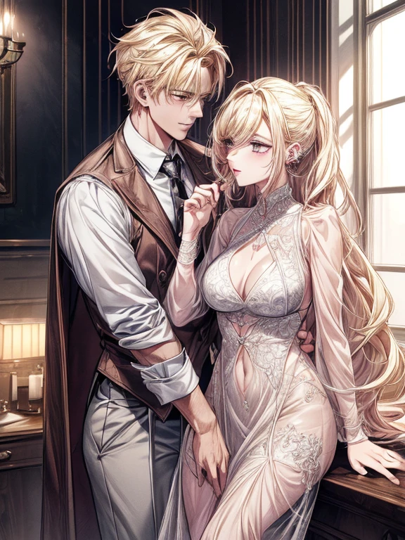 (((1 male：Left ear piercing,、((Blonde))、expensive、expensive、expensive、Handsome、refresh、Sturdy)))、(((1 Female：Pink Hair、length、short、vest style、F Cup、See-through sexy dress、Beautiful woman)))、((((Couple))))、{(highest quality, 8k, Tabletop, Hmph, Soft lighting, Perfect Image, digital illustration, Cartoon Art, Ultra-detailed images, Perfect Lines, )}