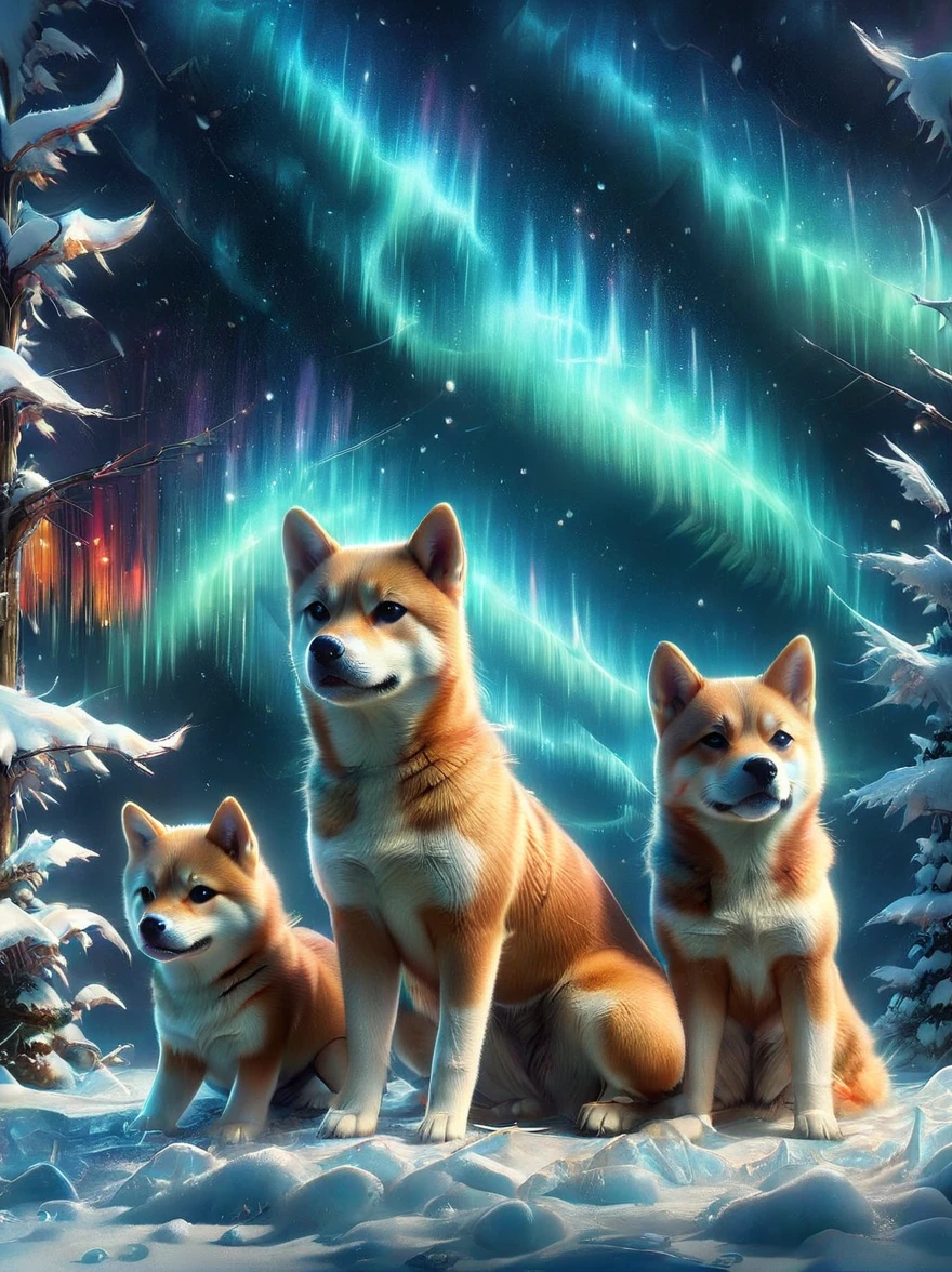 A scene of Shiba Inus in their natural habitat during the winter season. These Shiba Inus boast dense and splendid fur that varies from gray to white, frolicking in a snow-covered forest landscape. Their bright and astute eyes are filled with alertness and caution, reflecting the pale moonlight. The leading Shiba Inu is noticeably more robust and muscular than its companions, its resolute gaze scanning the surroundings. The other Shiba Inus follow in a loose formation, their movements in sync with each other, displaying a powerful sense of unity and survival skills in the harsh environment.