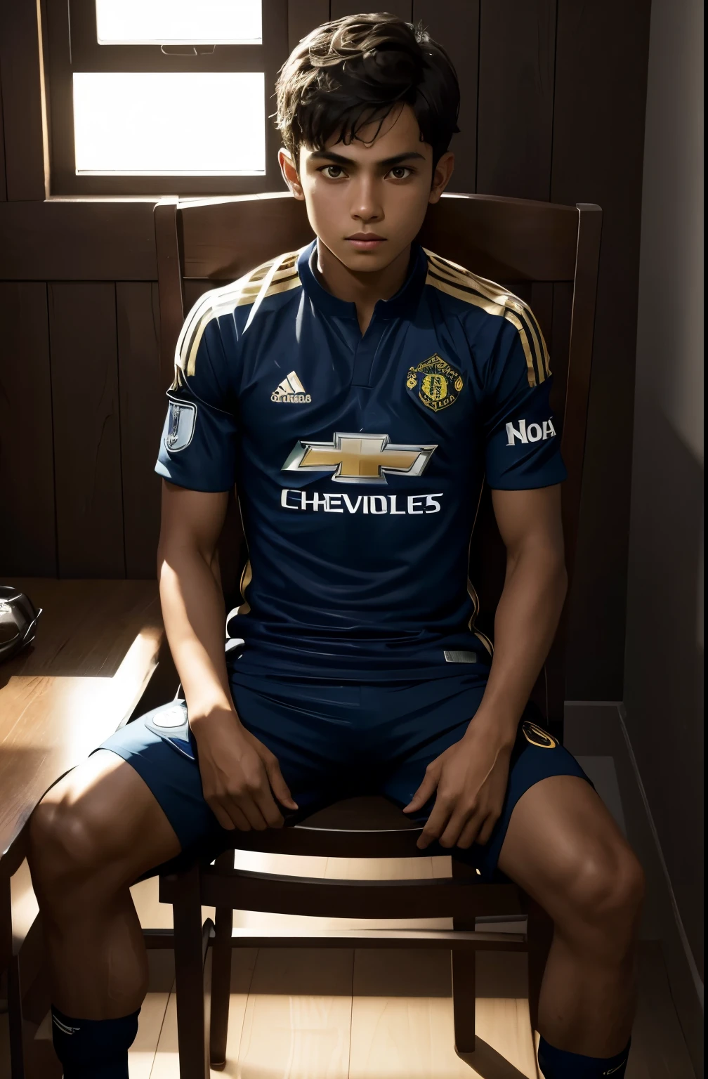 A boy sit at a chair his name is Aathiswar he sit at a dark room with side lights he wear a Ronaldo mu jersey with his name behind him