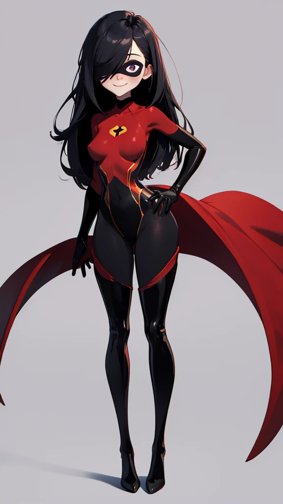 (full body),masterpiece, highest quality, One girl, Violet Par, mask, Long Hair, Black Hair,  Hair on one eye,  (Red hero suit)，Red bodysuit，black elbow gloves，Black Thigh Boots，Thick thighs，Place one hand on hip，upright，View your viewers, smile, Simple Background 