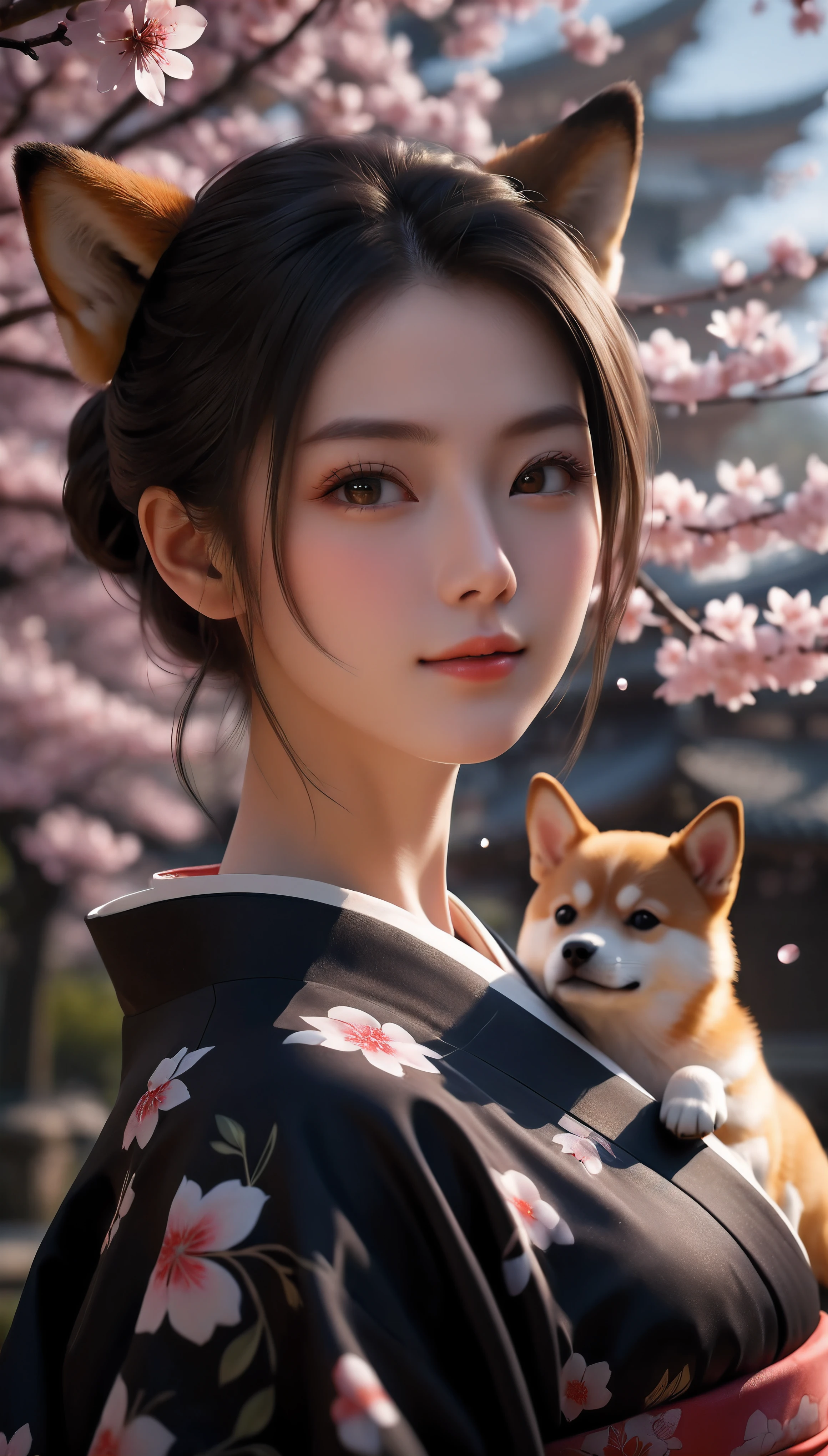 ((Masterpiece in maximum 16K resolution):1.6),((soft_color_photograpy:)1.5), ((Ultra-Detailed):1.4),((Movie-like still images and dynamic angles):1.3). | ((cinematic photo of beautiful Japanese lady in a kimono with her cute Shiba Inu):1.3), (Beautiful Japanese lady in Kimono), (focus on the Shiba Inu), (macro lens), (Sakura Flowers), (Beautiful Japanese Park), (luminous object), (Happy atmosphere), (shimmer), (visual experience),(Realism), (Realistic),award-winning graphics, dark shot, film grain, extremely detailed, Digital Art, rtx, Unreal Engine, scene concept anti glare effect, All captured with sharp focus. | Rendered in ultra-high definition with UHD and retina quality, this masterpiece ensures anatomical correctness and textured skin with super detail. With a focus on high quality and accuracy, this award-winning portrayal captures every nuance in stunning 16k resolution, immersing viewers in its lifelike depiction. | ((perfect_composition, perfect_design, perfect_layout, perfect_detail, ultra_detailed)), ((enhance_all, fix_everything)), More Detail, Enhance.