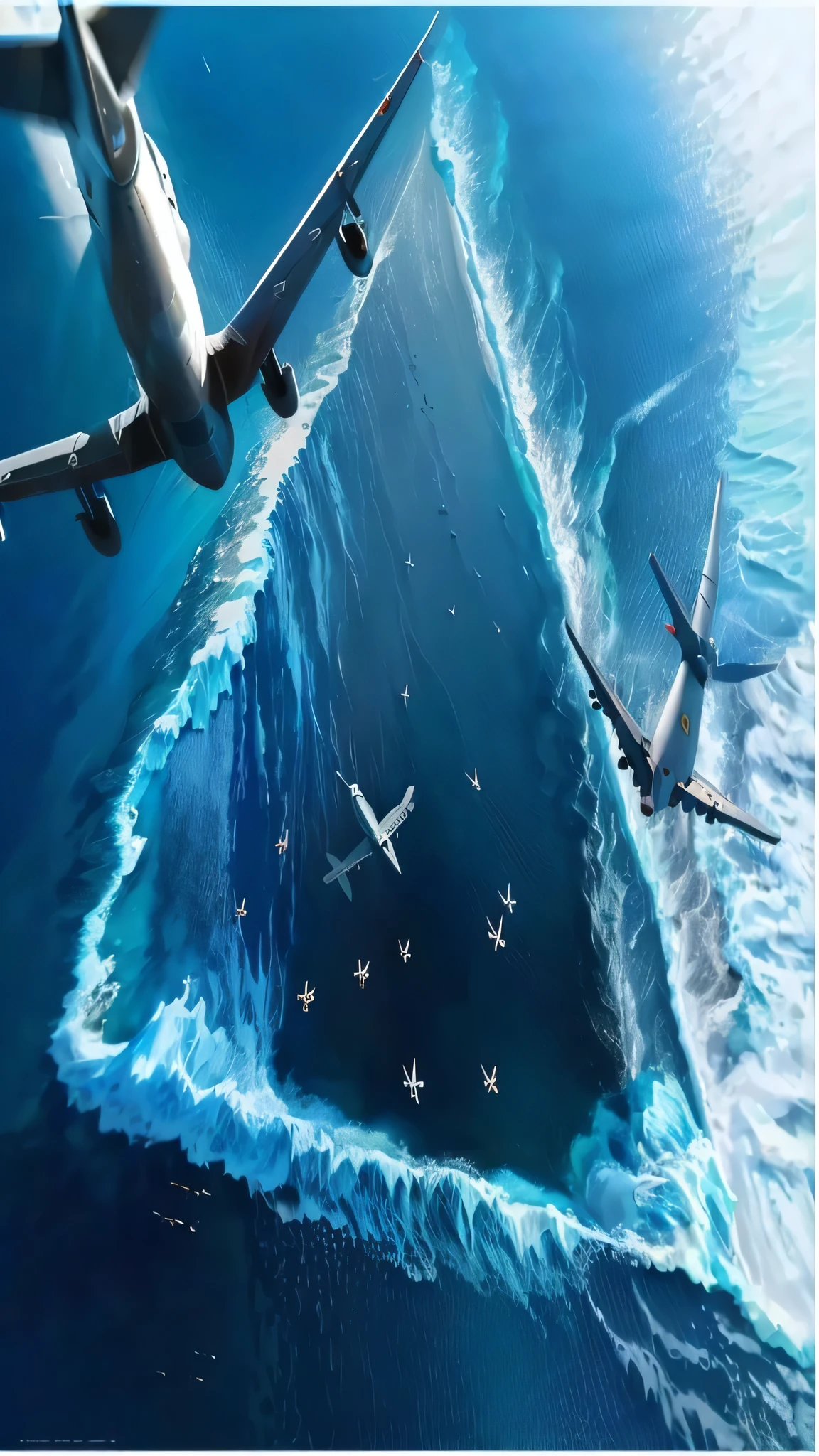 The plane flew over a large body of water，Planes flew over it, Amazing Art, Mid-ocean, incredible depth, Describe accurately, airplanes bombing the beach, Amazing depth, Flying over the ocean, Realistic and lifelike images, photo of the Mid-ocean, When Movie Arrives, describe, Movie《befall》Stills, Alex Andreev, Surreal!!!