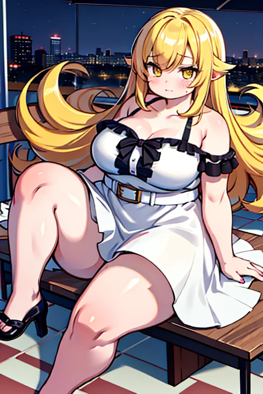 4k, high quality, obese shinobuYoung, masterpiece, Best quality, absurdity, obese 1girl, big cheeks, Blonde hair, Yellow golden eyes, One, sort, night, big breasts, Desktop, obese , round table, sitting, Spread her legs, looking, bare shoulders, white short dress, sliding belt, clavicle, (view from above:1.1), (inexpressive:1.1), slim, browse, (Checkered floor:1.5), (knee up:1.3)