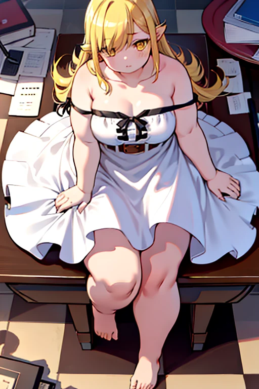 4k, high quality, obese shinobuYoung, masterpiece, Best quality, absurdity, obese 1girl, big cheeks, Blonde hair, Yellow golden eyes, One, sort, night, big breasts, Desktop, obese , round table, sitting, Spread her legs, looking, bare shoulders, white short dress, sliding belt, clavicle, (view from above:1.1), (inexpressive:1.1), slim, browse, (Checkered floor:1.5), (knee up:1.3)