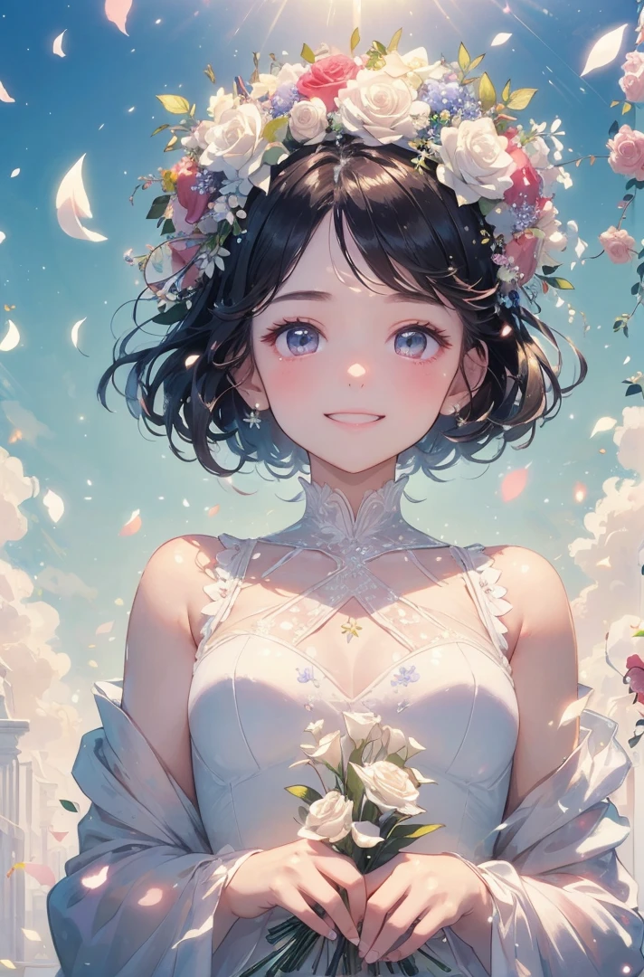 (masterpiece、highest quality、highest quality、Beautiful and beautiful:1.2)、(Good anatomy:1.5)、Milky white straight hair girl、White Costume、A sparkling smile、Sparkling Eyes、looking at the camera、put flowers and leaves on your head、Having a flower bouquet、Rose