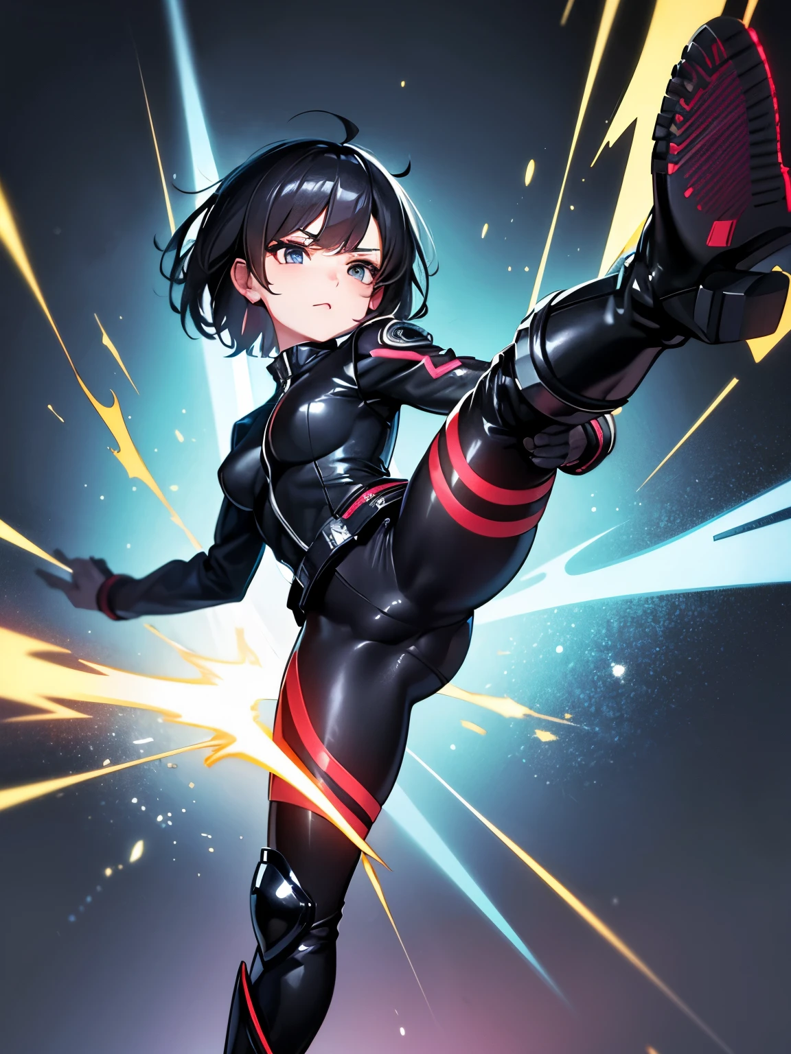 Masterpiece , best quality, extremely detailed, anime, Girl, boyish,black hair,extra short hair,rider suit, ((flashy boots)), (rider kick,) compositions that emphasize feet and boots, shocking effects,