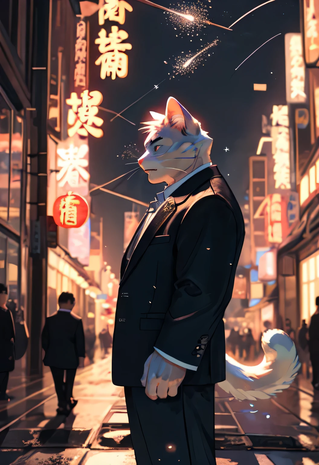Solitary, (White cat), anthropology, male, ((white body)), Tail, Handsome,Normal figure,Tendon meat,Black suit, Eighties, City, outdoor, external, Feasting, night, Traditional Chinese Signboard, standing, 9mm caliber pistol, Perfect lighting, (Light Particles),(best quality),(masterpiece),(ultra deTailed),Clear focus,Light Particles